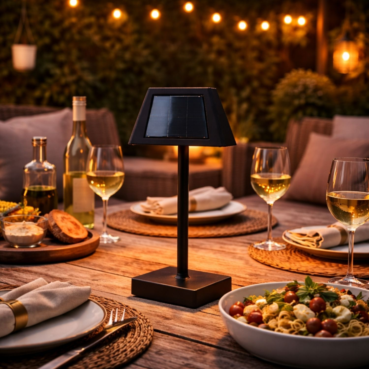 Un tavolo da giardino con cibo, vino e lampada solare, illuminato da lucine.