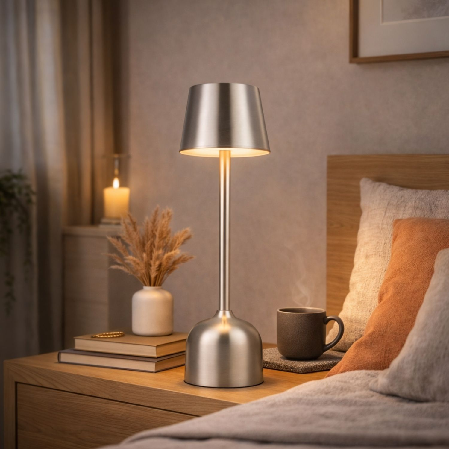 Un comodino con lampada, libro, vaso, candela e tazza da caffè in una camera da letto.