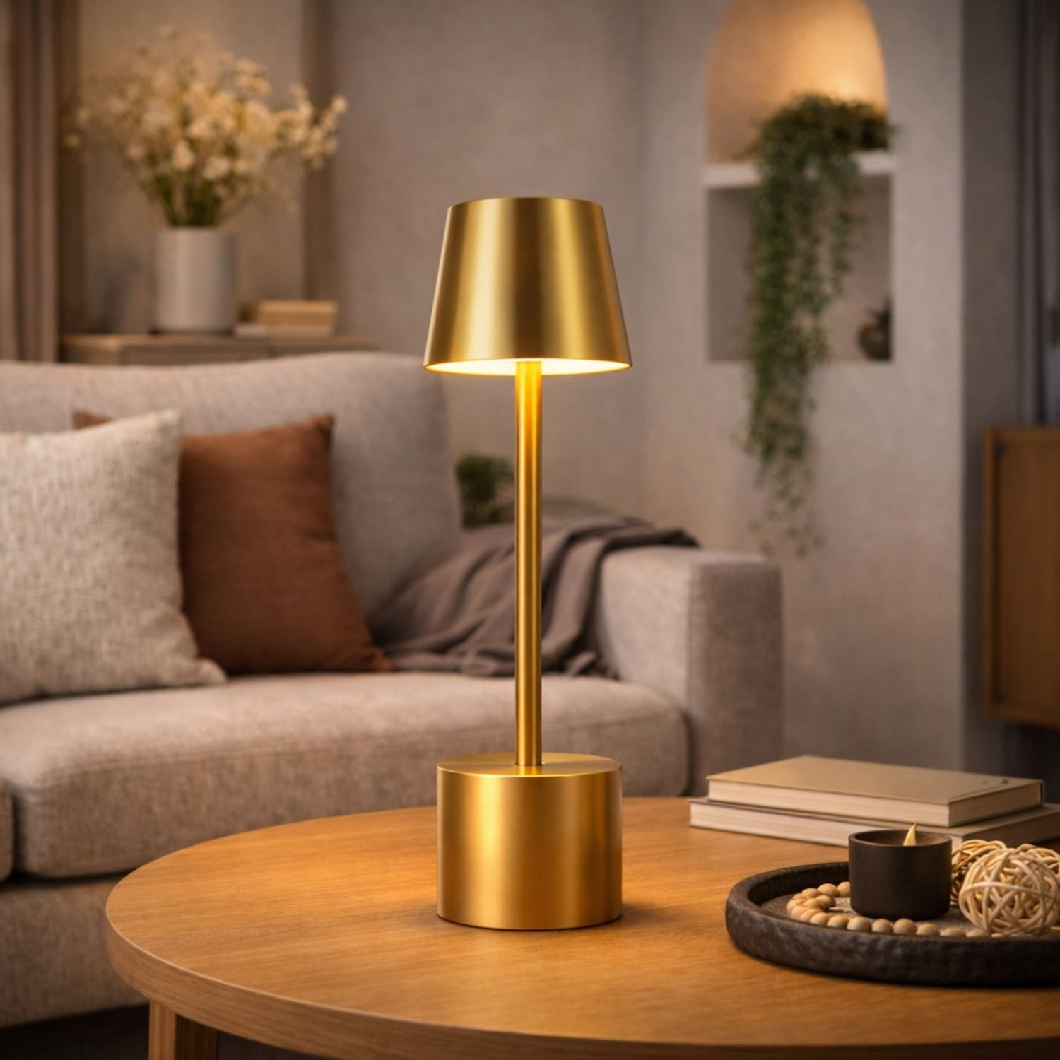 Una lampada da tavolo dorata su un tavolo di legno con un divano sullo sfondo.
