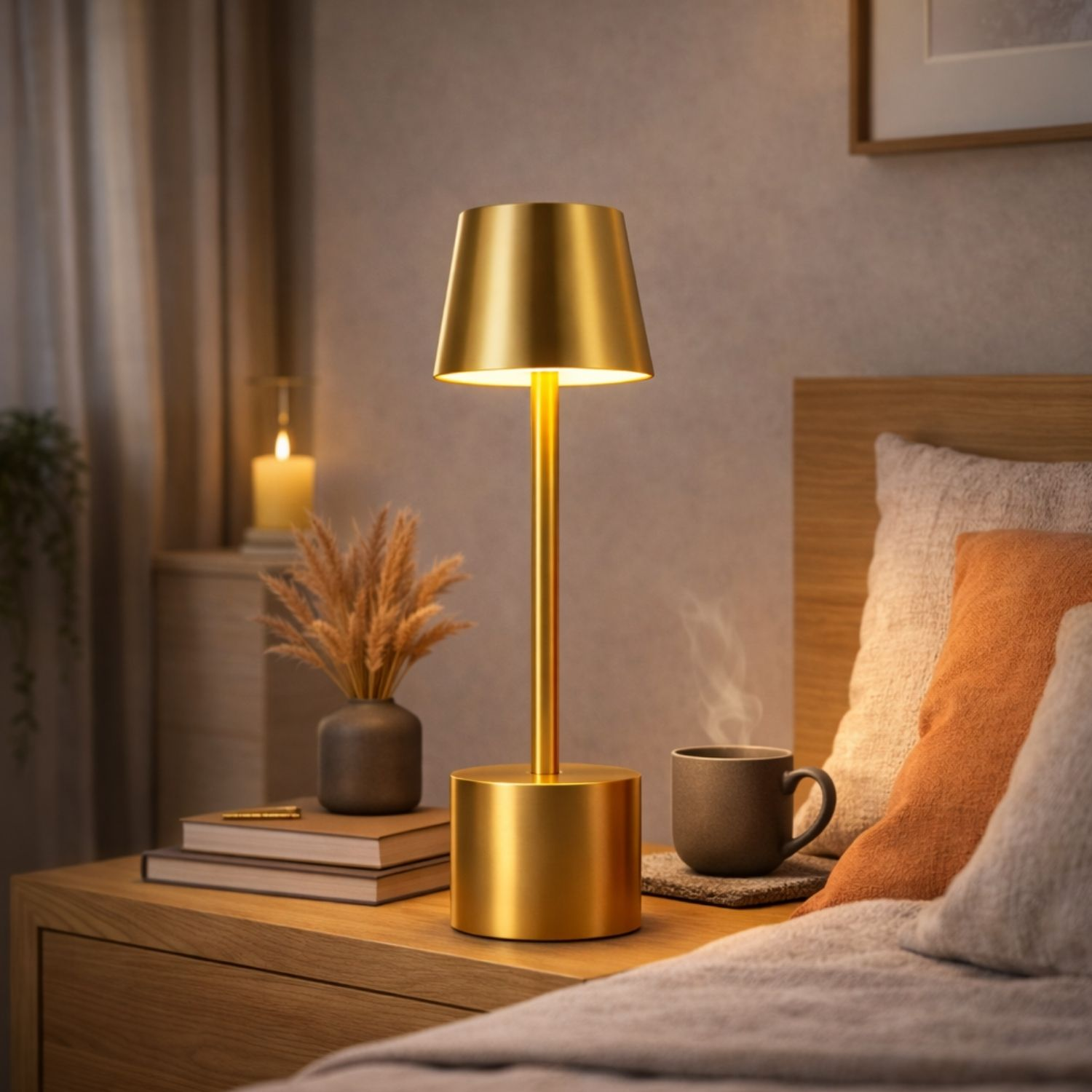 Lampada dorata da comodino accanto a tazza e libri, con luce di candela sullo sfondo.
