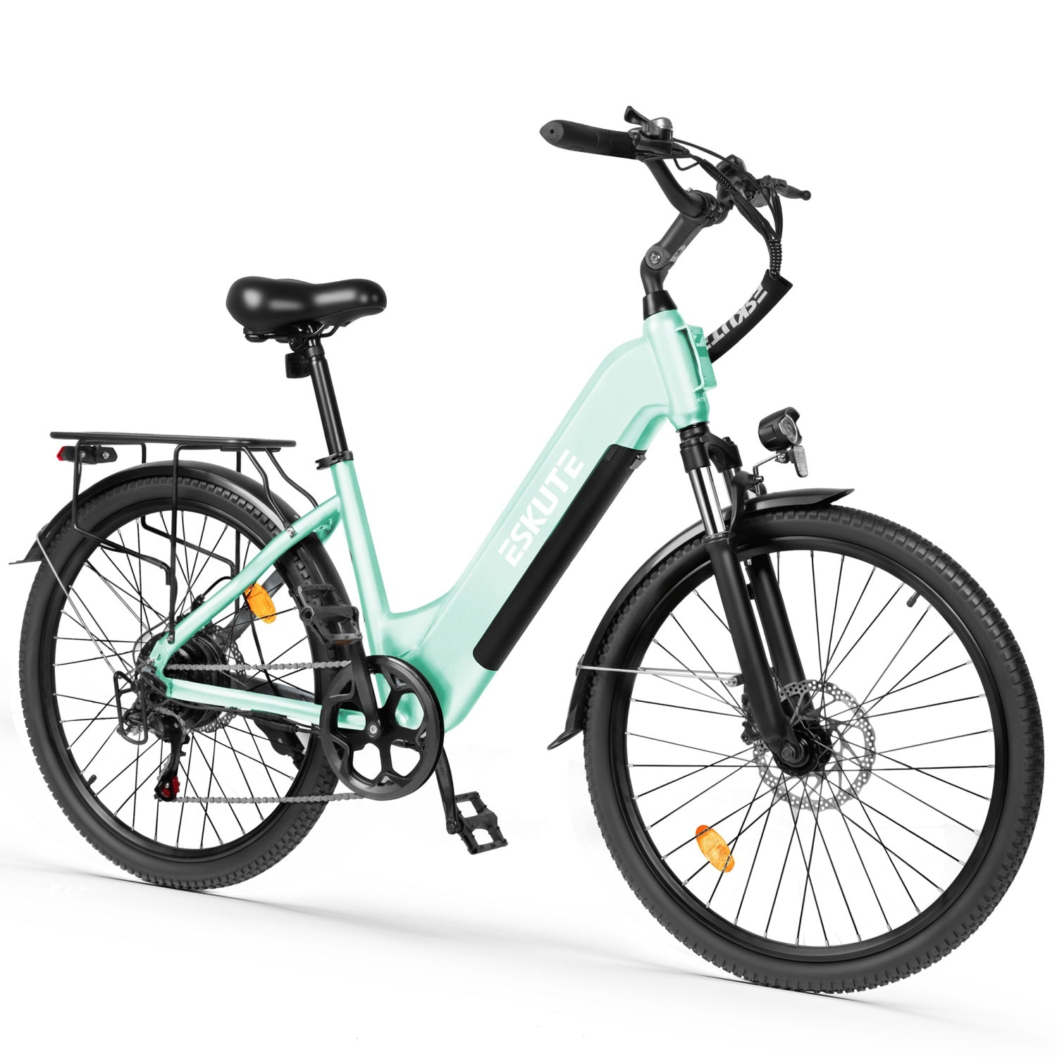 Ein hellgrünes Eskute-Elektrofahrrad mit schwarzen Akzenten ist vor einem weißen Hintergrund abgebildet.
