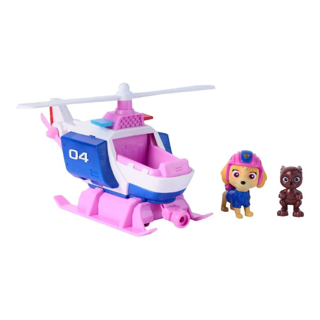 Un helicóptero de juguete rosa y blanco con detalles azules y dos figuras pequeñas.