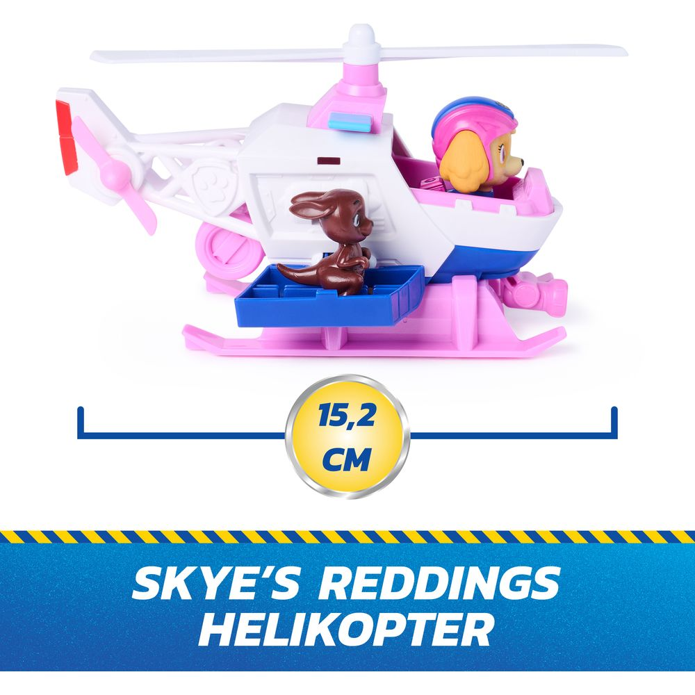 Un helicptero de juguete rosa y blanco con Skye y un animal marrn dentro.