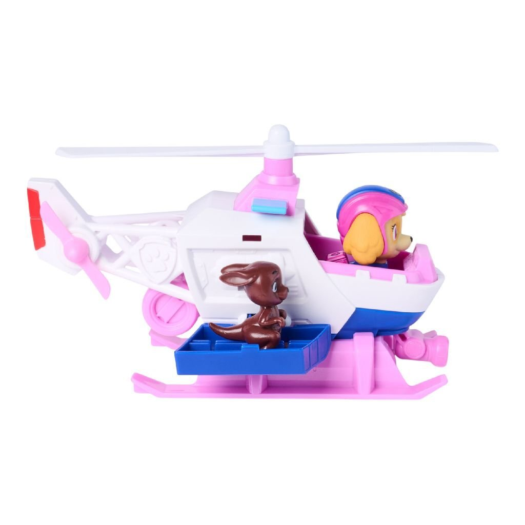 Un helicóptero de juguete rosa y blanco con figura de perro y animal marrón.