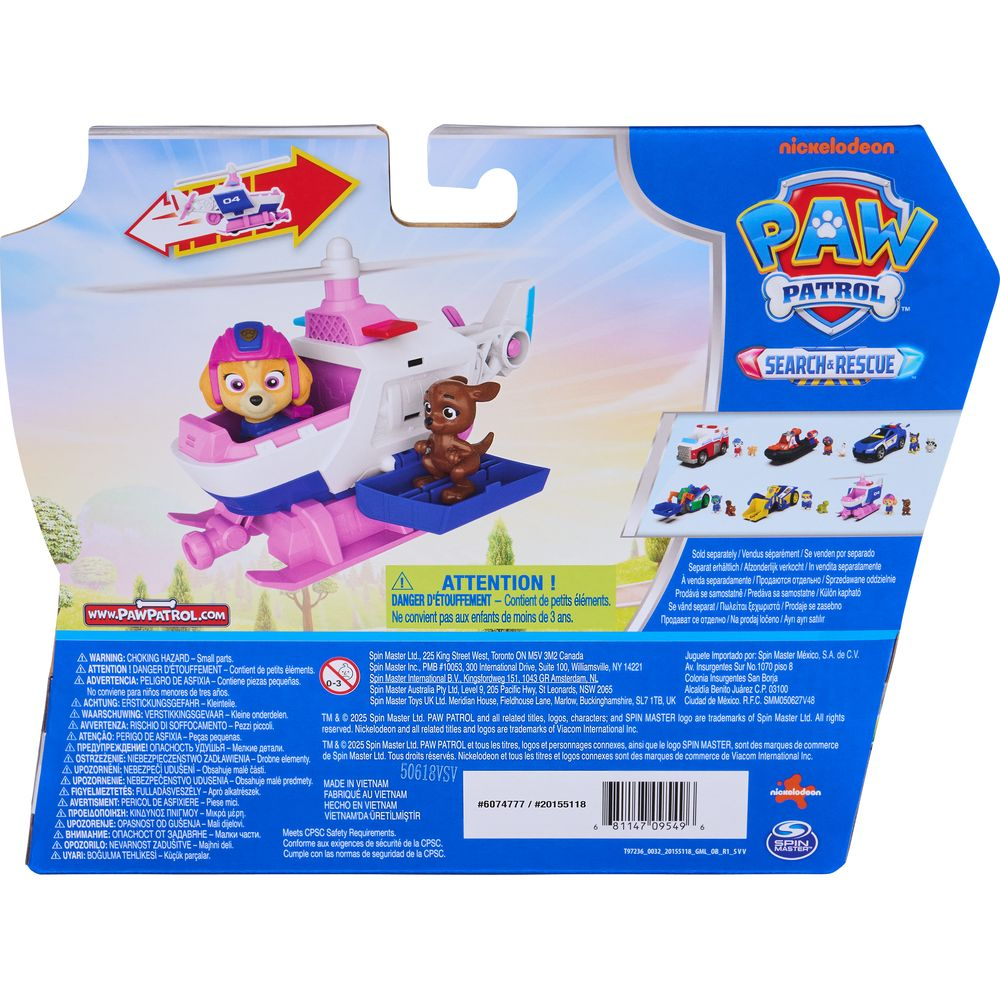 Skye y Marshall de PAW Patrol en un helicóptero rosa y blanco con detalles azules.