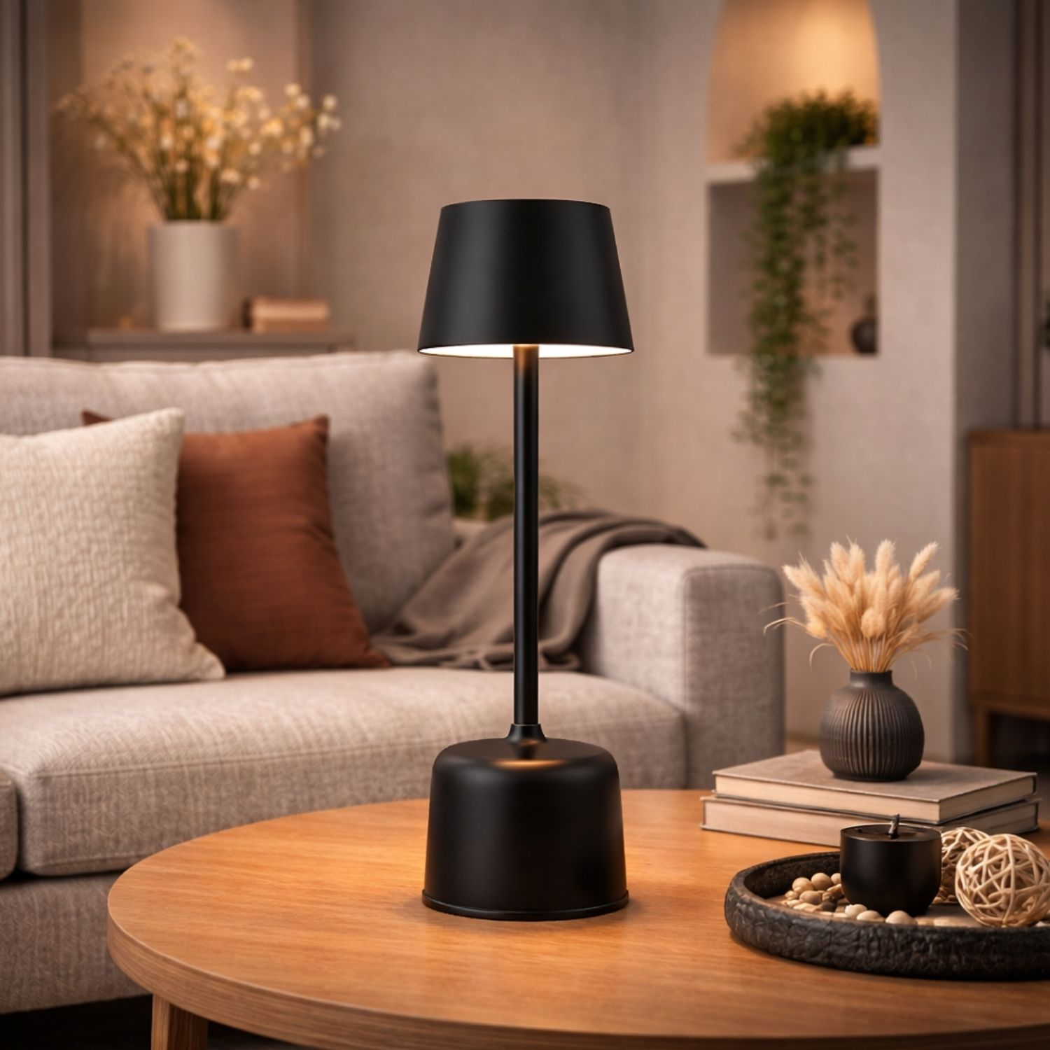 Una lampada da tavolo nera illumina un soggiorno con divano e decorazioni.