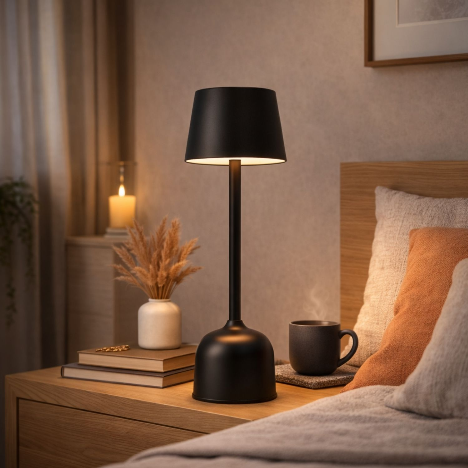 Una lampada nera illumina un comodino con libri, un vaso di erba secca e una tazza fumante.