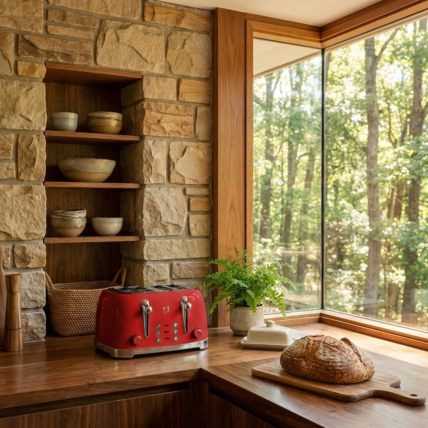 Tostapane rosso su bancone in legno con pane e vista bosco.