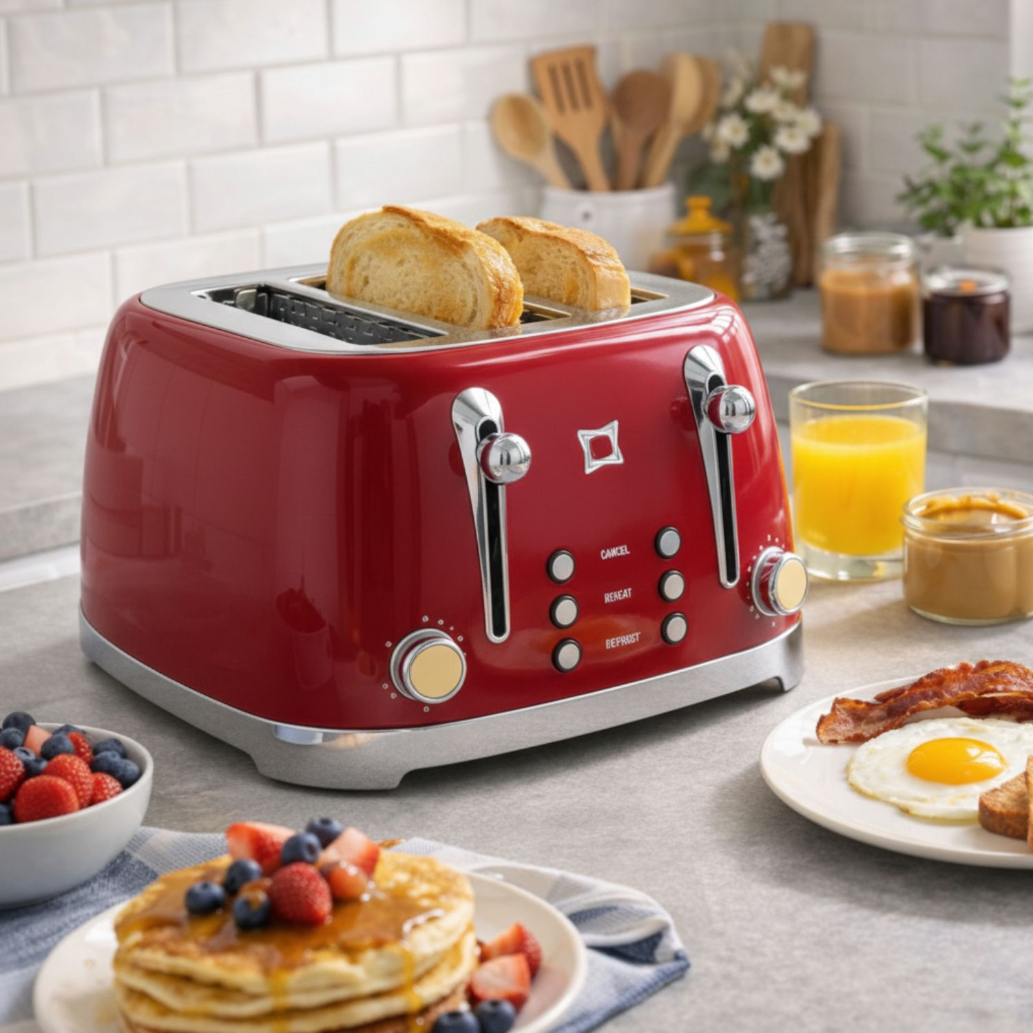 Un tostapane rosso con toast, accanto ci sono pancake, bacche, succo d'arancia e pancetta.