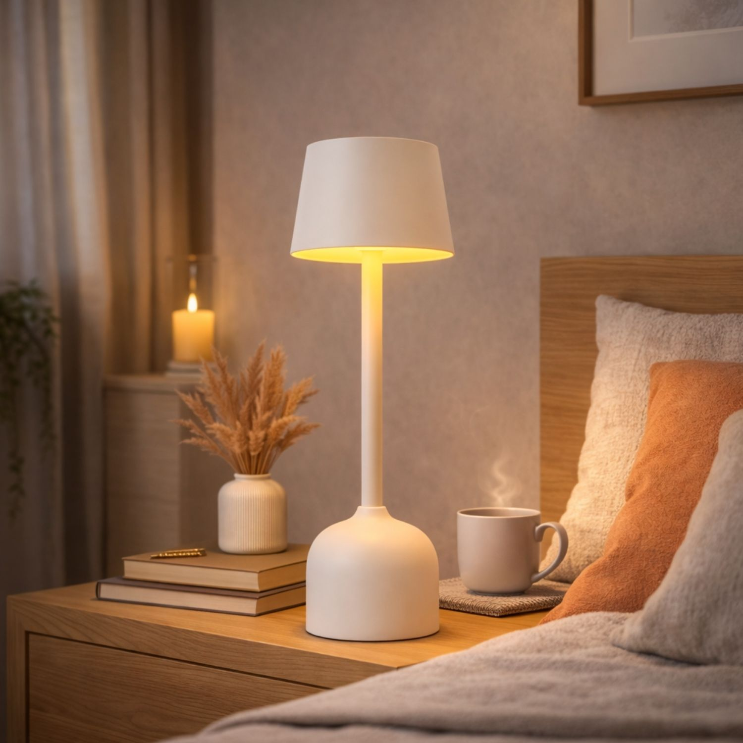 Comodino con lampada, libri, vaso e bevanda calda accanto al letto.