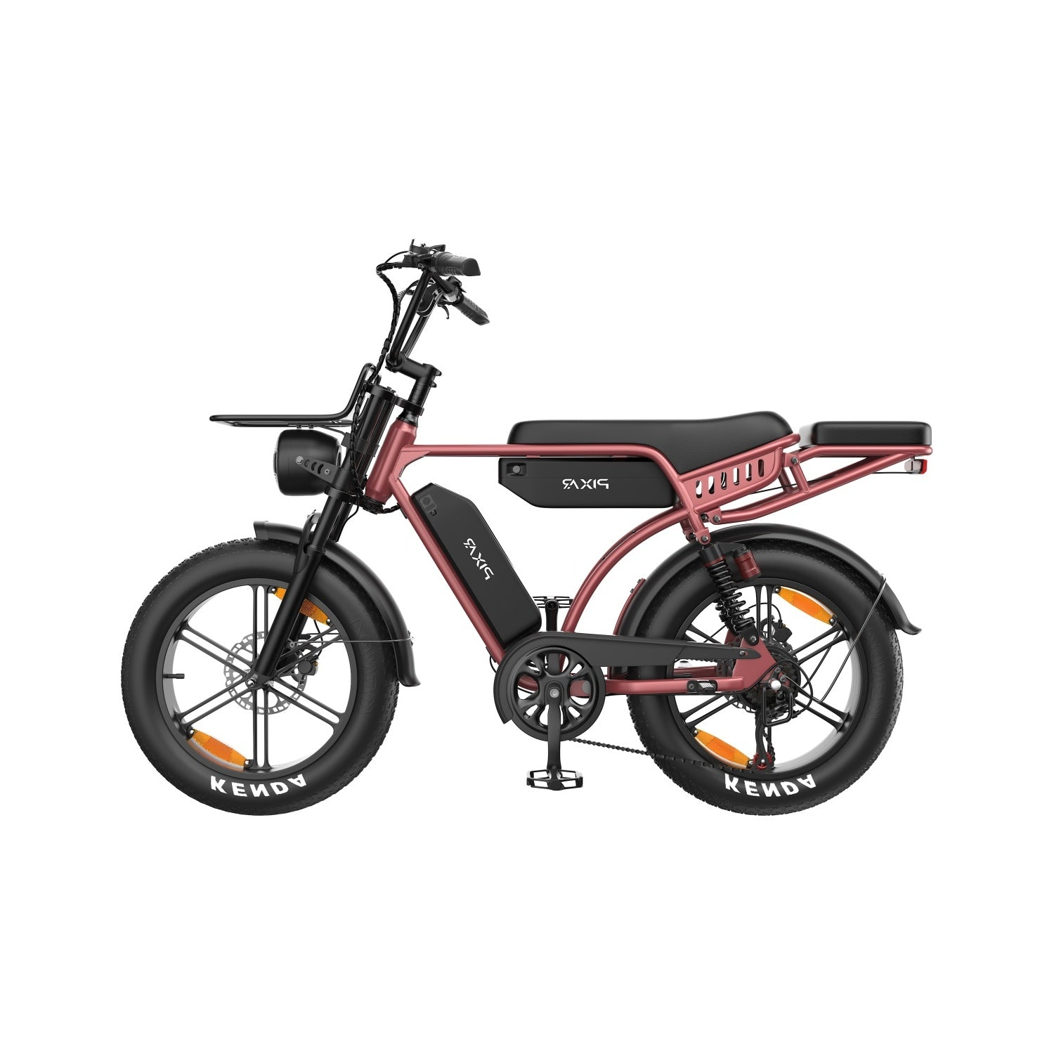 Ein roségoldenes Elektrofahrrad mit dicken Reifen, einem vorderen Gepäckträger und einem hinteren Sitz.