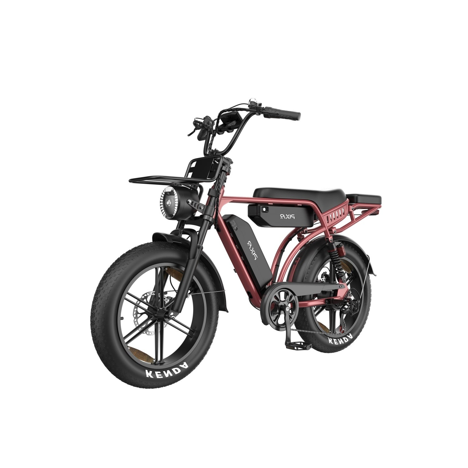 Ein rosafarbenes E-Bike mit breiten Reifen, Gepäckträger vorne und hinten, und einem Akku.