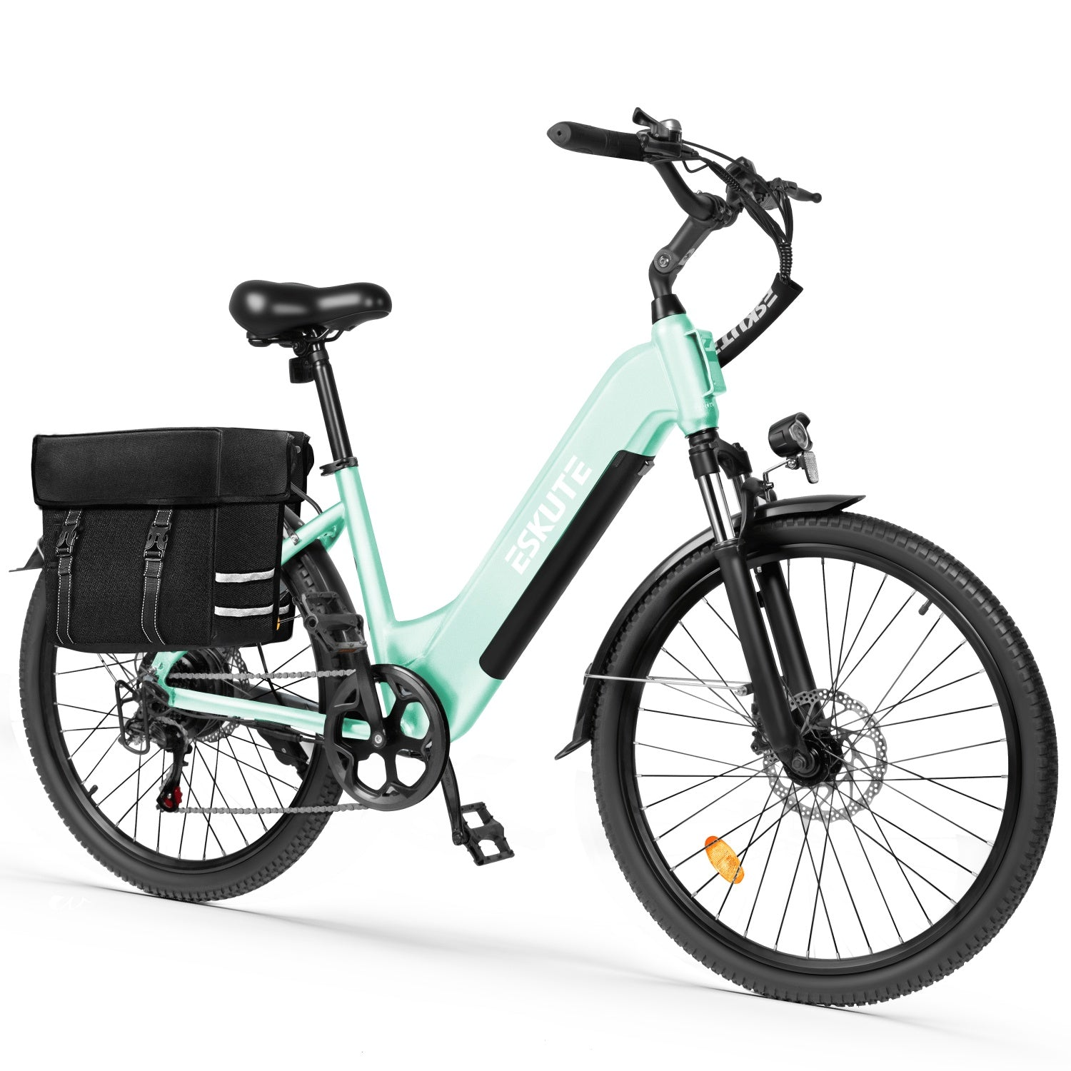 Ein mintgrünes E-Bike mit schwarzer Satteltasche und schwarzen Reifen.