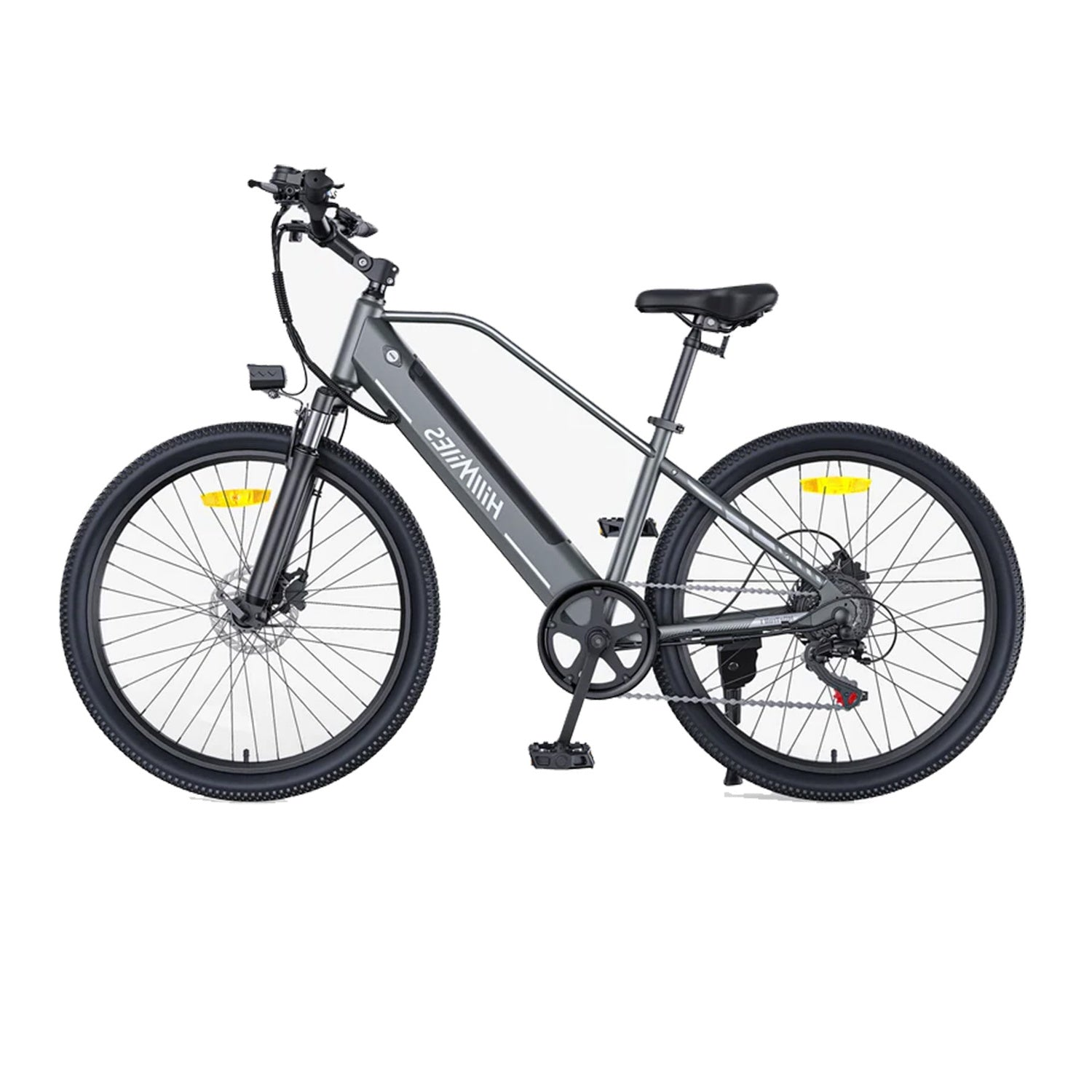 Graues Elektrofahrrad mit schwarzem Sattel und Reifen, auf weißem Hintergrund.