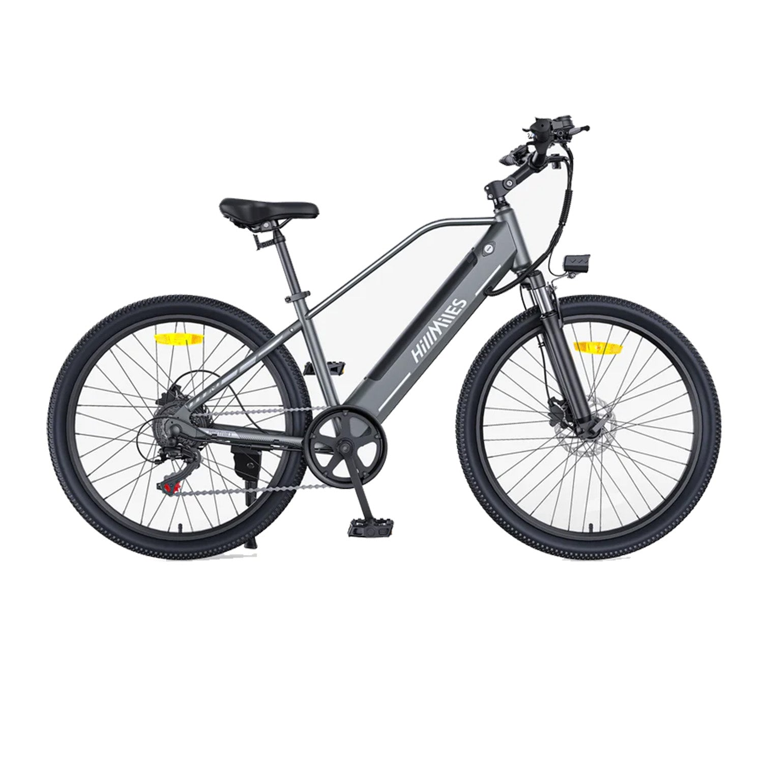 Ein graues Elektrofahrrad mit schwarzen Reifen und gelben Reflektoren.