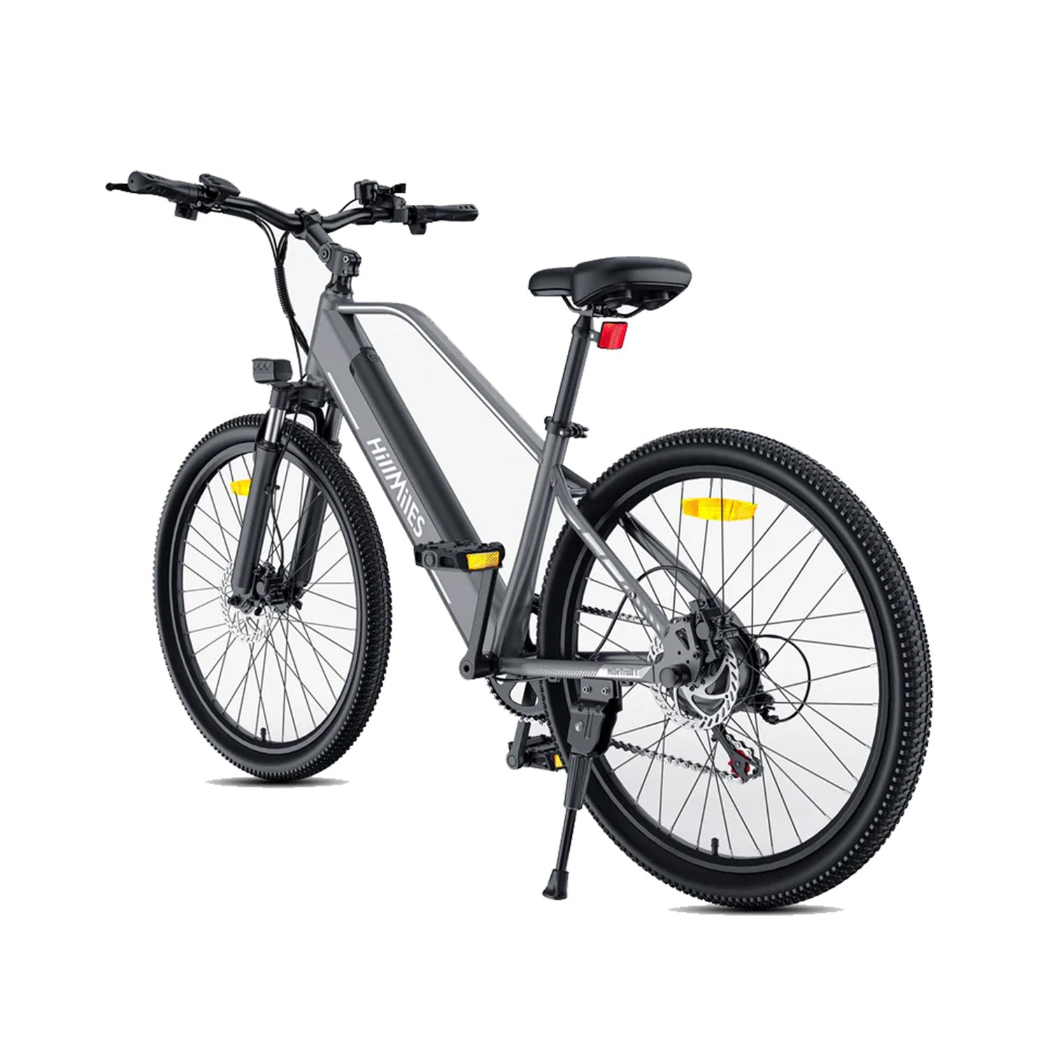 Ein graues Elektro-Mountainbike mit schwarzen Reifen, schwarzem Sattel und Ständer.