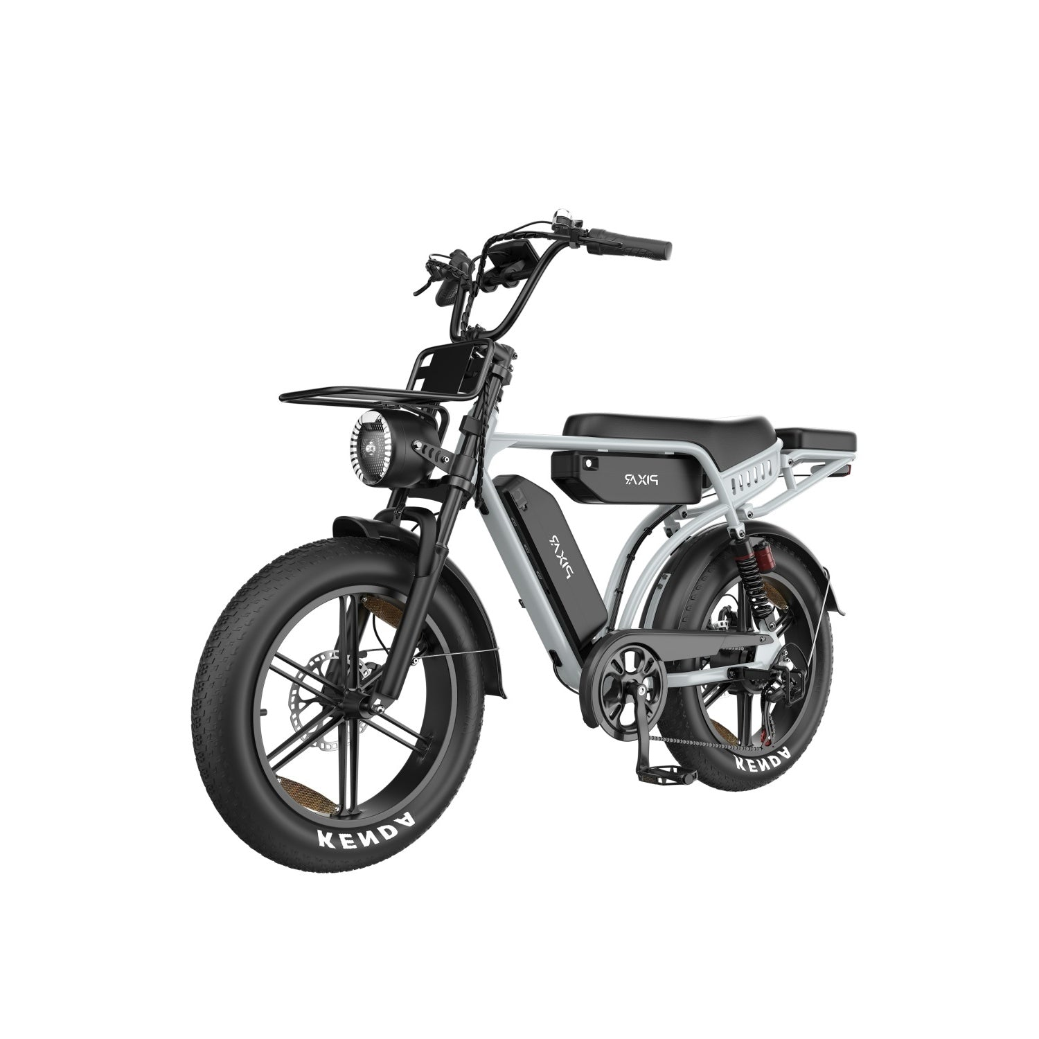 Graues Elektrofahrrad mit fetten Reifen, Gepäckträger vorne und hinten, und einem Scheinwerfer.