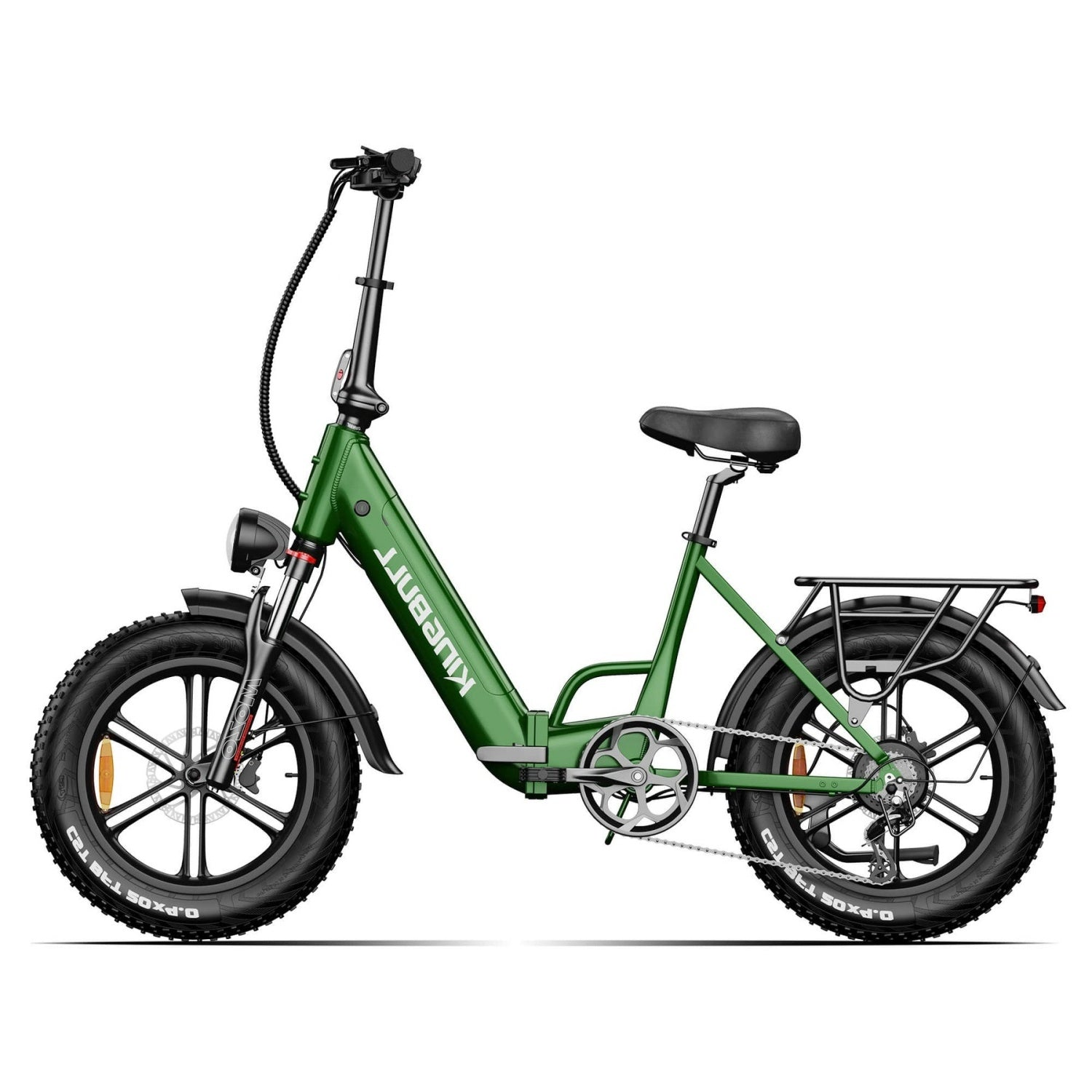 Grünes faltbares E-Bike mit dicken Reifen, Frontlicht, schwarzem Sattel, Gepäckträger.