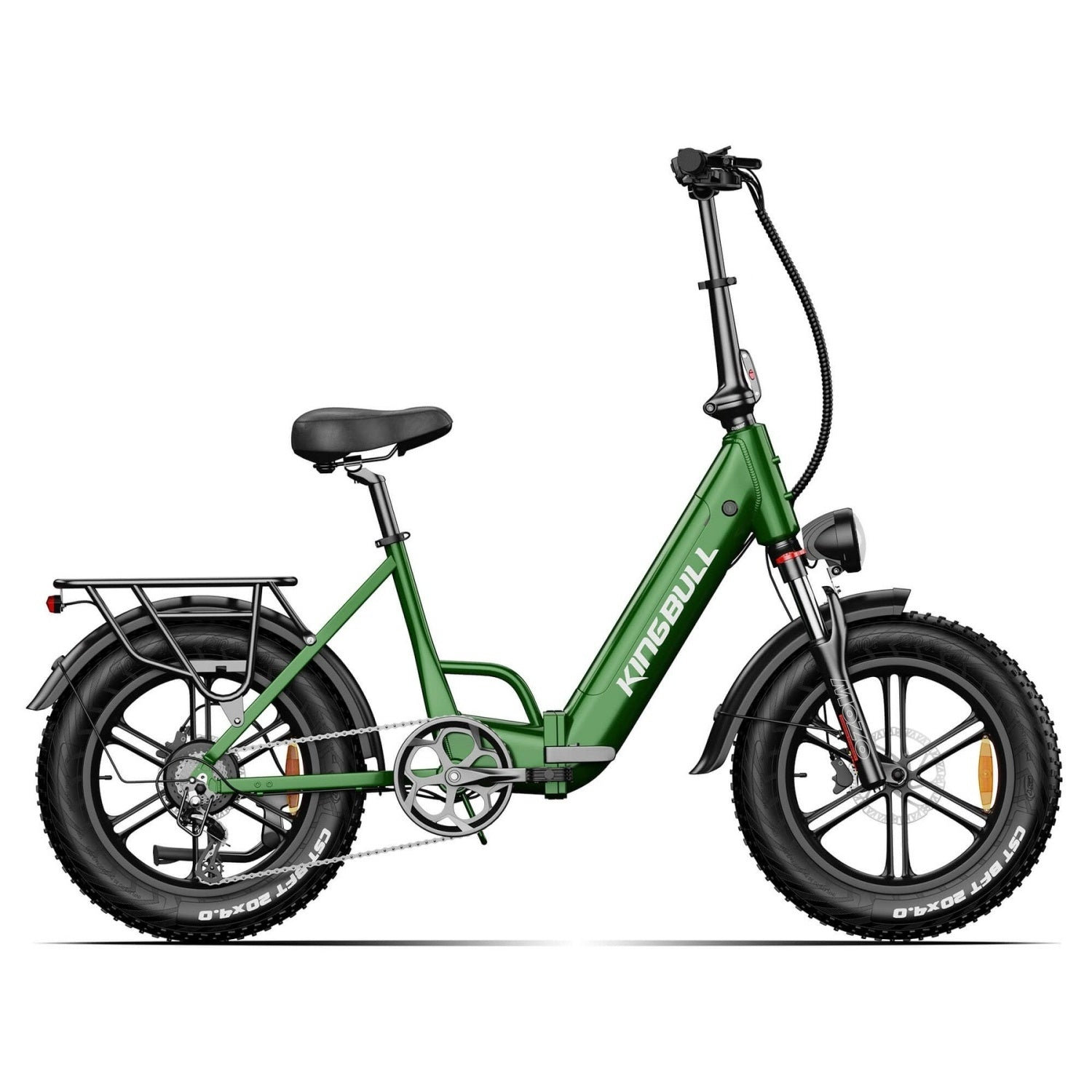 Ein grünes faltbares E-Bike mit fetten Reifen und Gepäckträger.