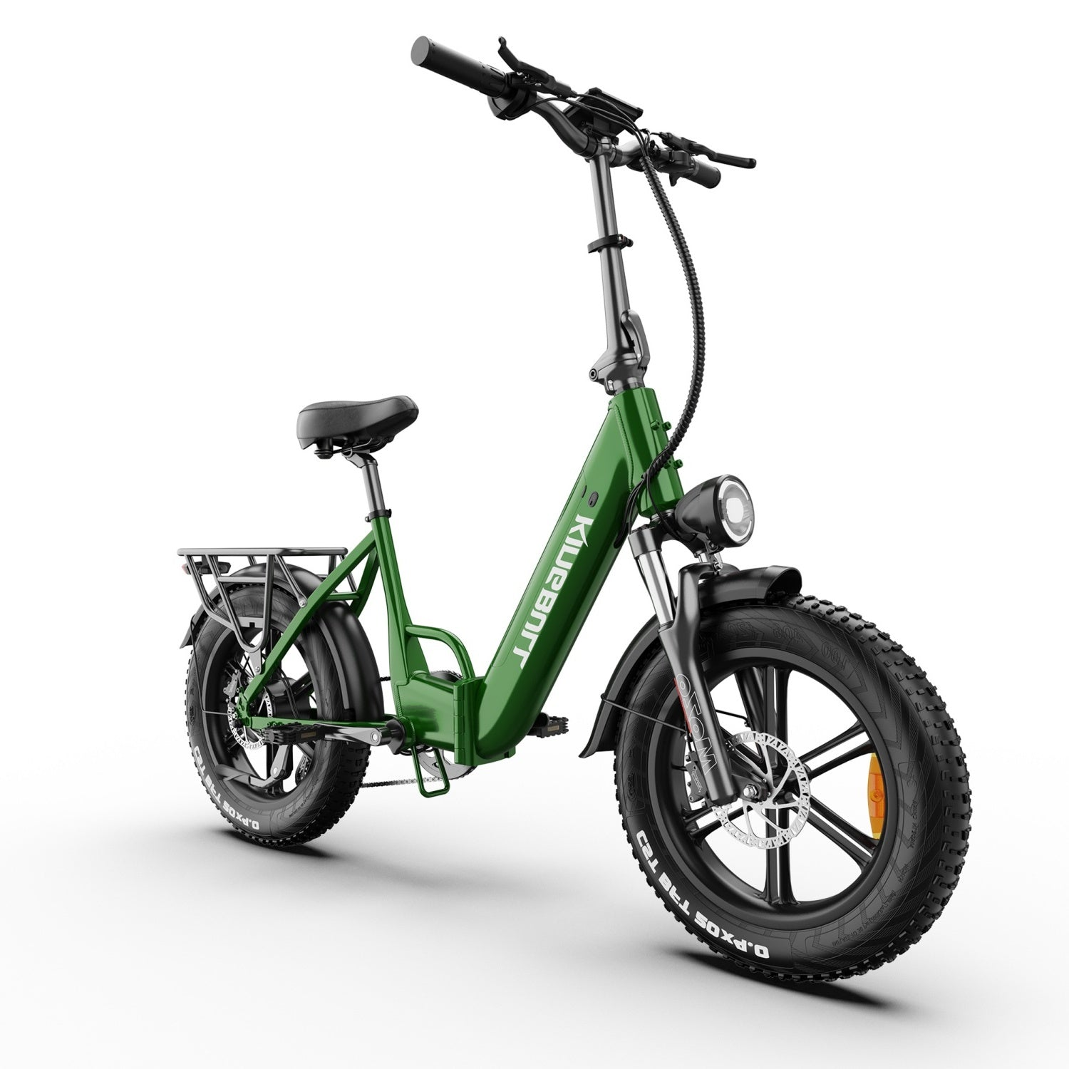 Grünes E-Bike mit fetten Reifen, Gepäckträger und Federgabel. Weißer Hintergrund.