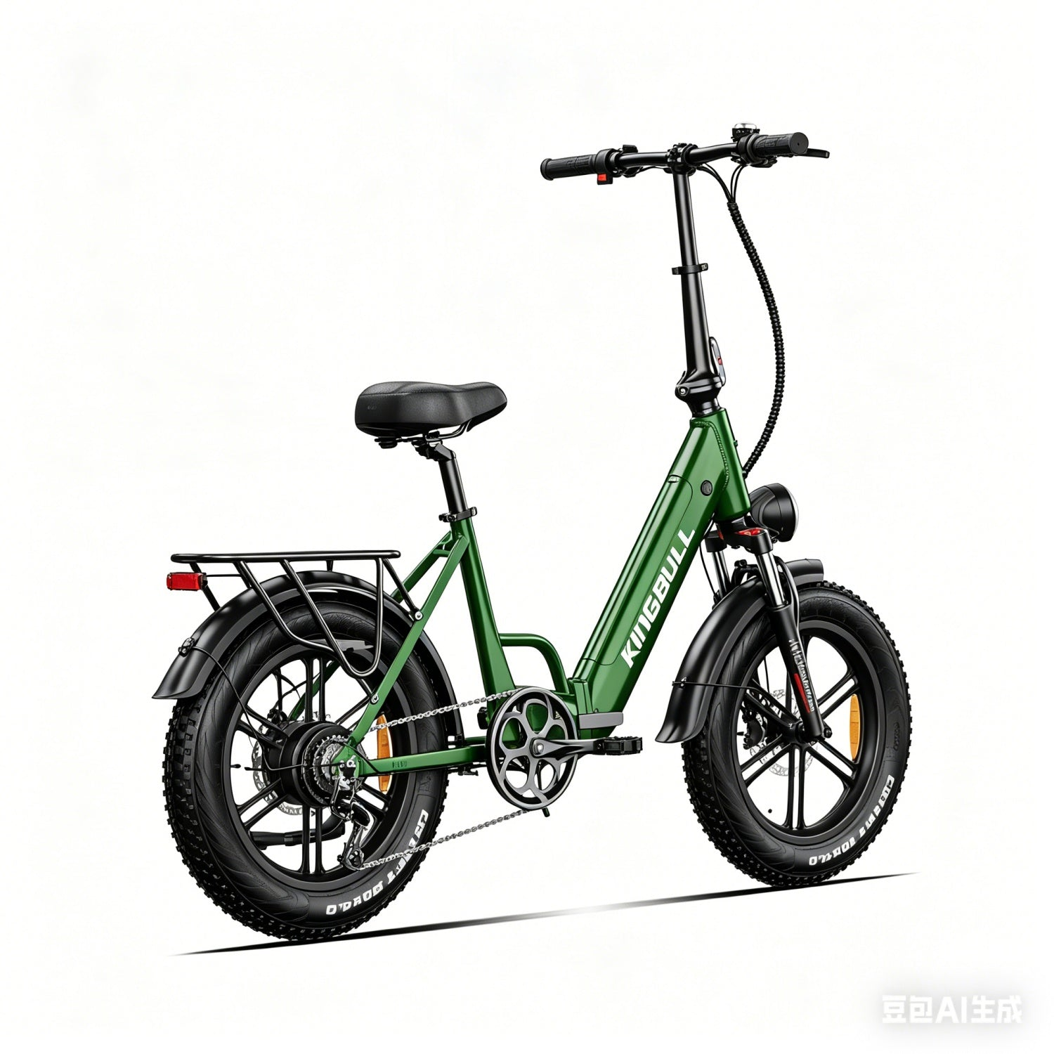 Grünes E-Bike mit fetten Reifen, Gepäckträger und Federung, auf weißem Hintergrund.