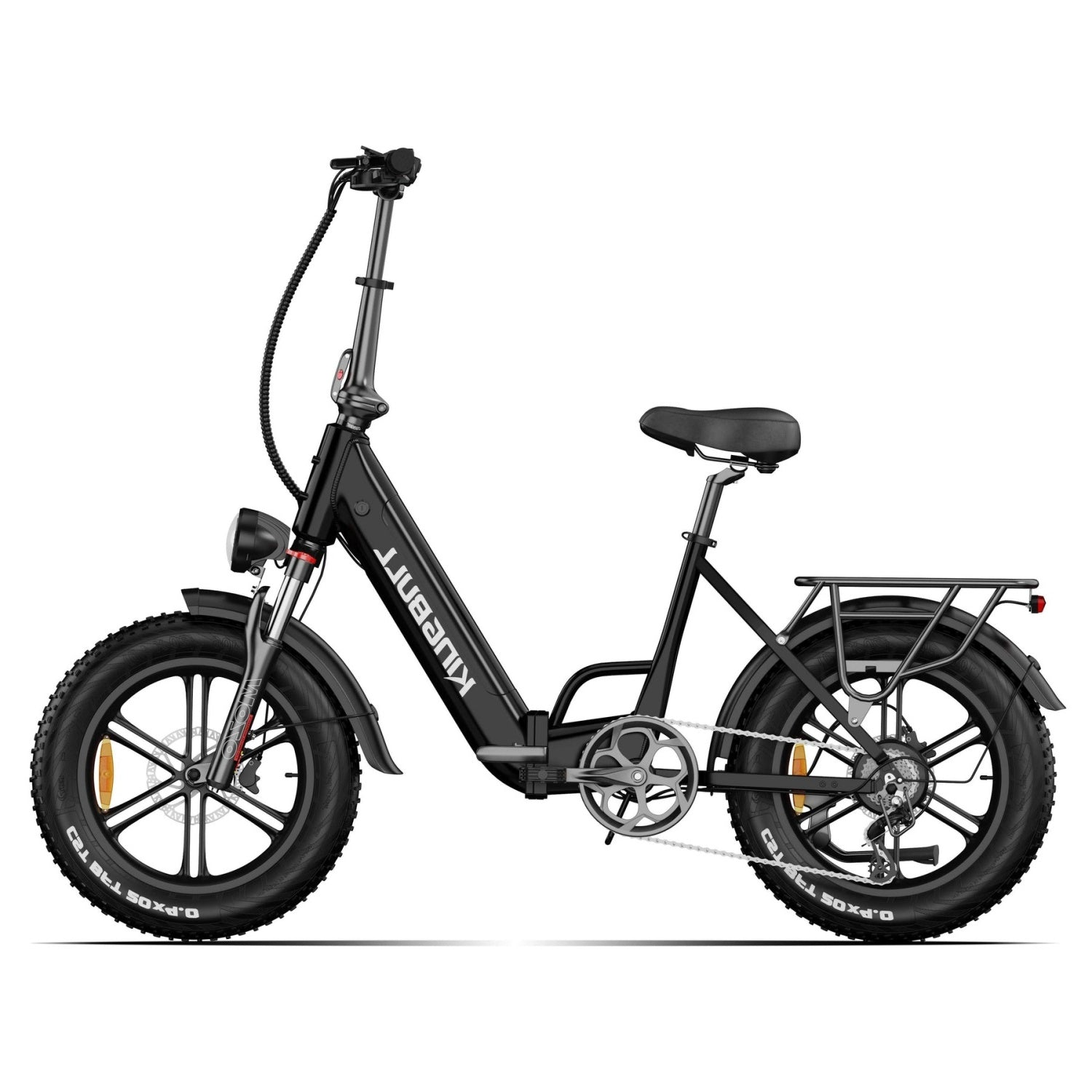 Ein schwarzes Klapprad mit breiten Reifen, Gepäckträger und Frontscheinwerfer.