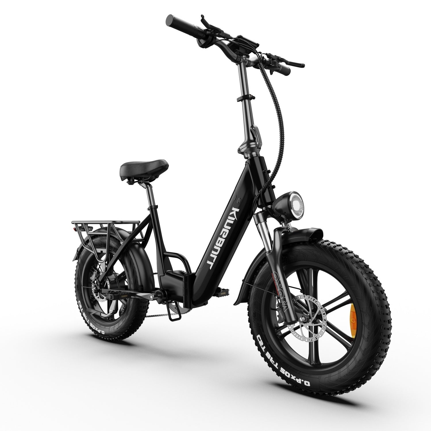 Schwarzes Klapp-E-Bike mit dicken Reifen, Gepäckträger und Scheinwerfer.