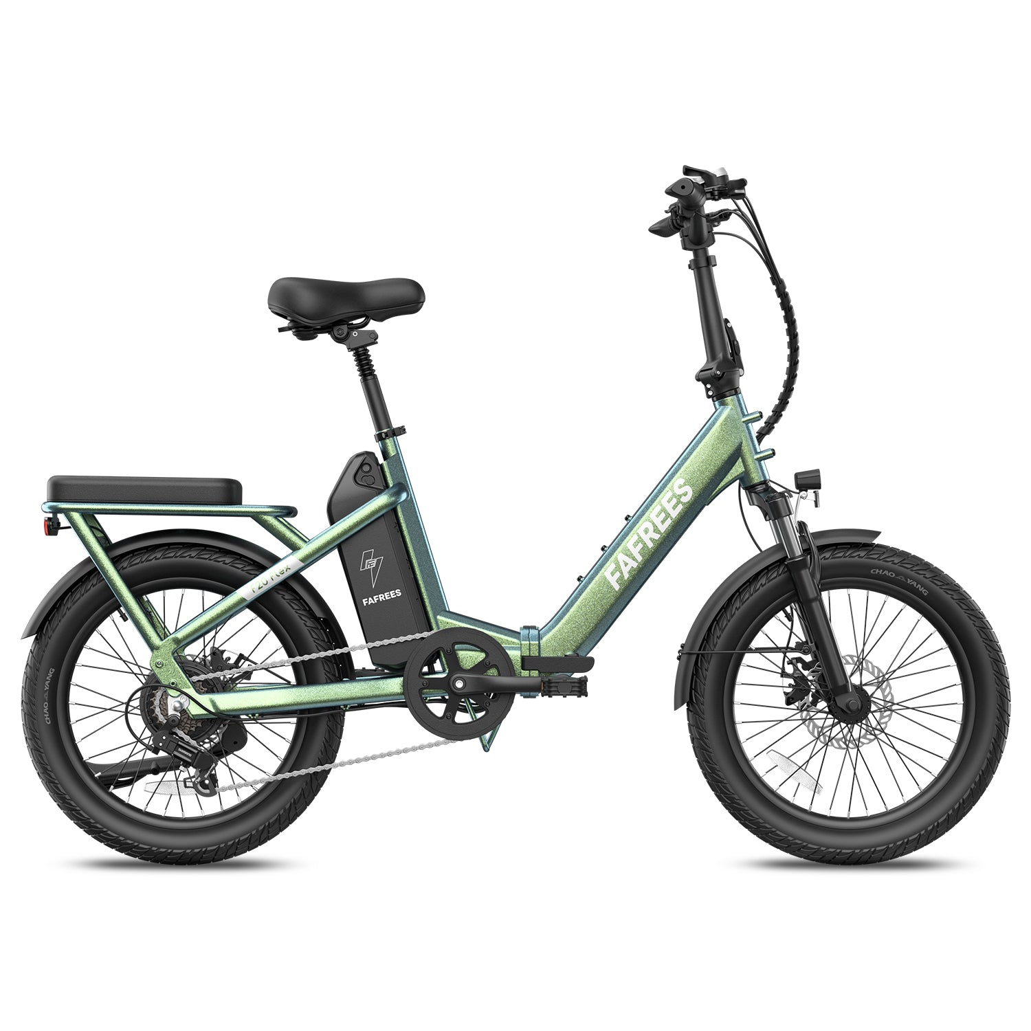 Ein glänzend grünes, faltbares E-Bike mit schwarzem Sattel und Gepäckträger.