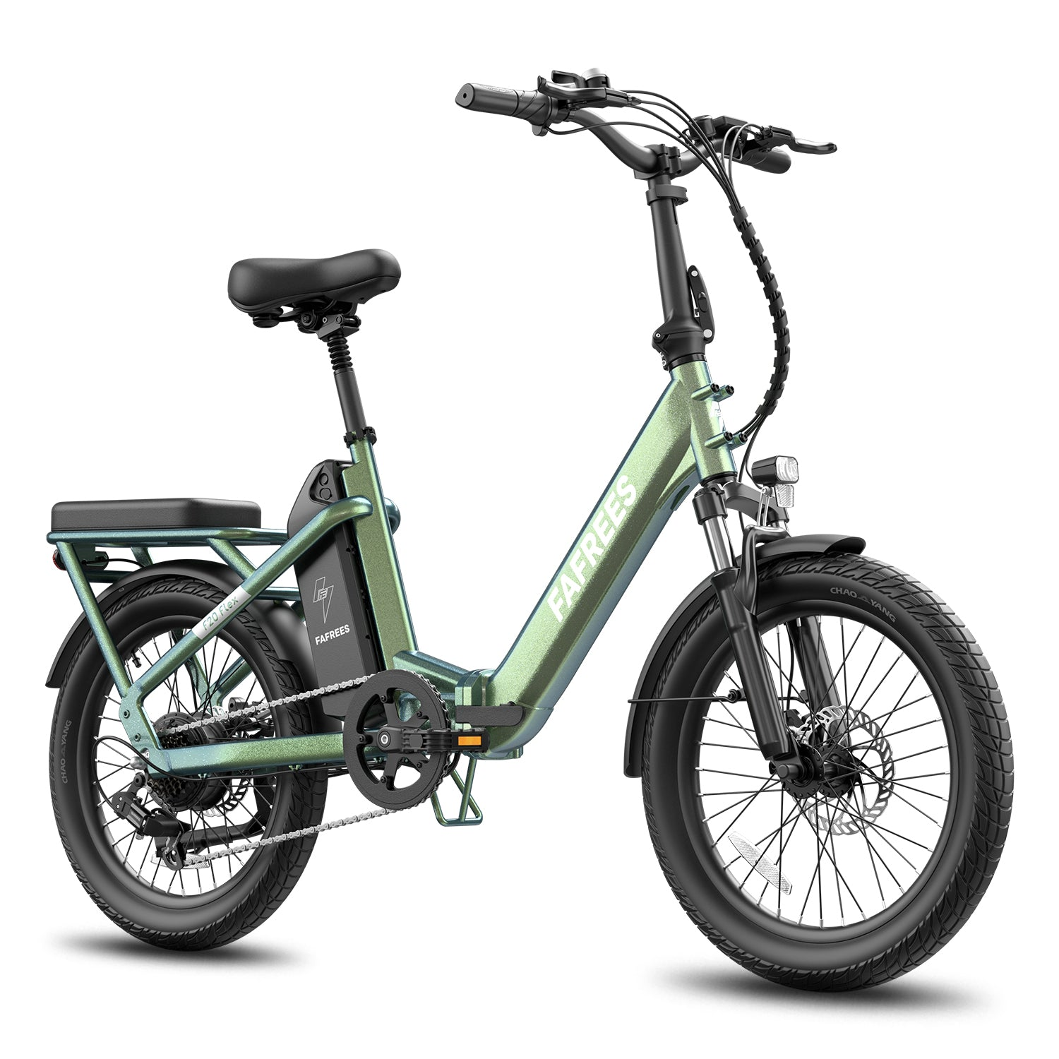 Grünes E-Bike mit schwarzem Sattel, Gepäckträger und breiten Reifen.