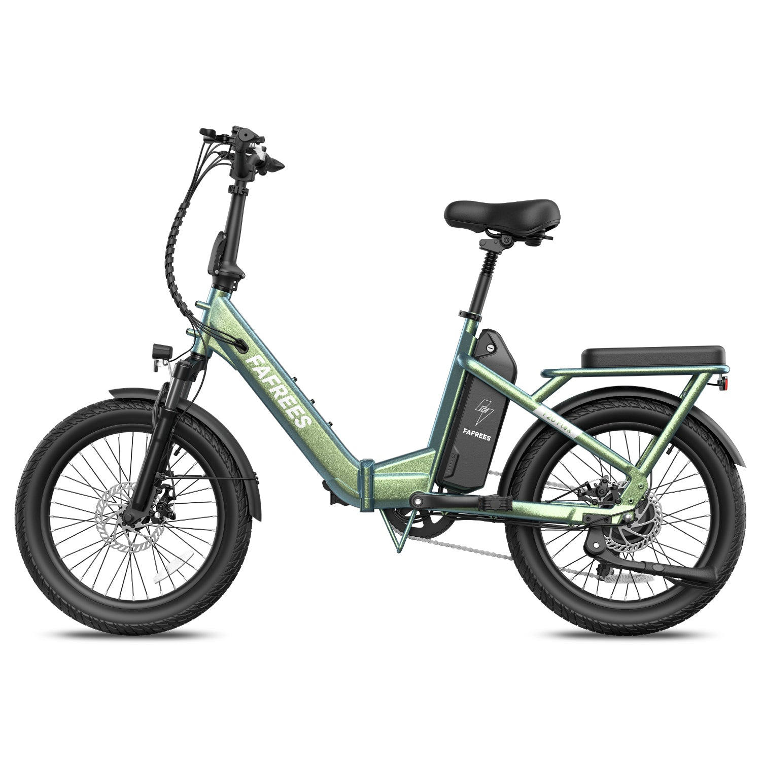 Ein glänzend grünes faltbares E-Bike mit schwarzen Reifen und Felgen.