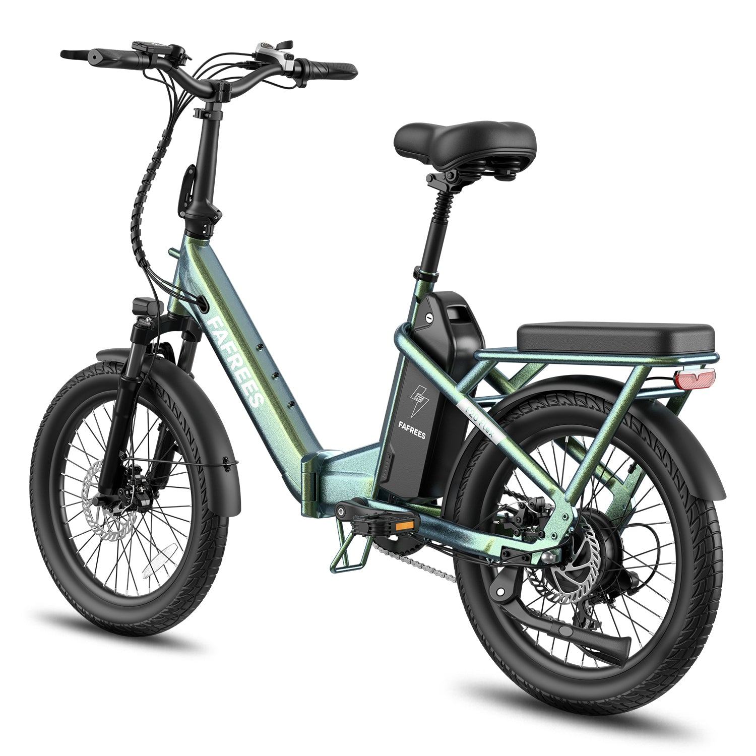 Ein grünes E-Bike mit schwarzem Sattel und Gepäckträger, weißer Hintergrund.