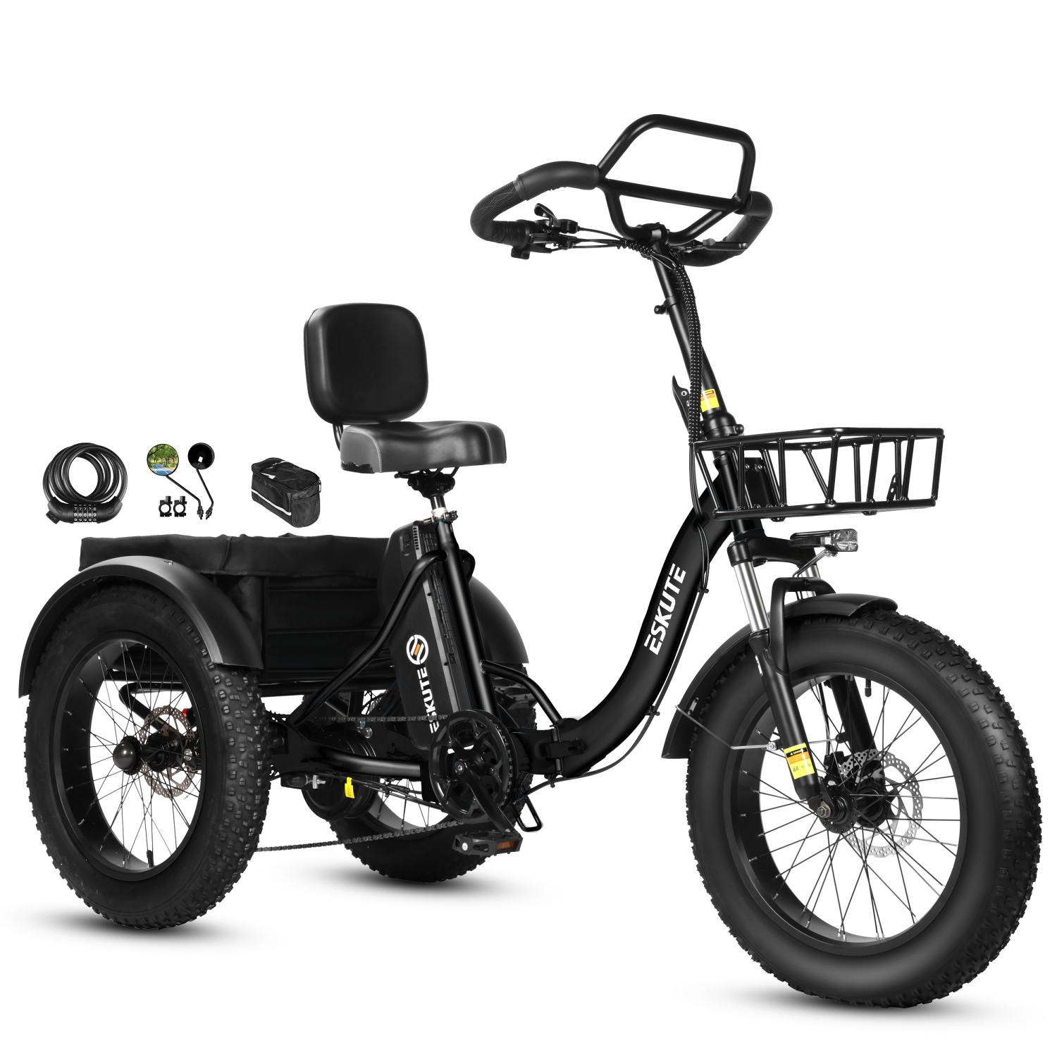 Schwarzes Dreirad-Elektrofahrrad mit dicken Reifen, Vorderkorb und Sitz.