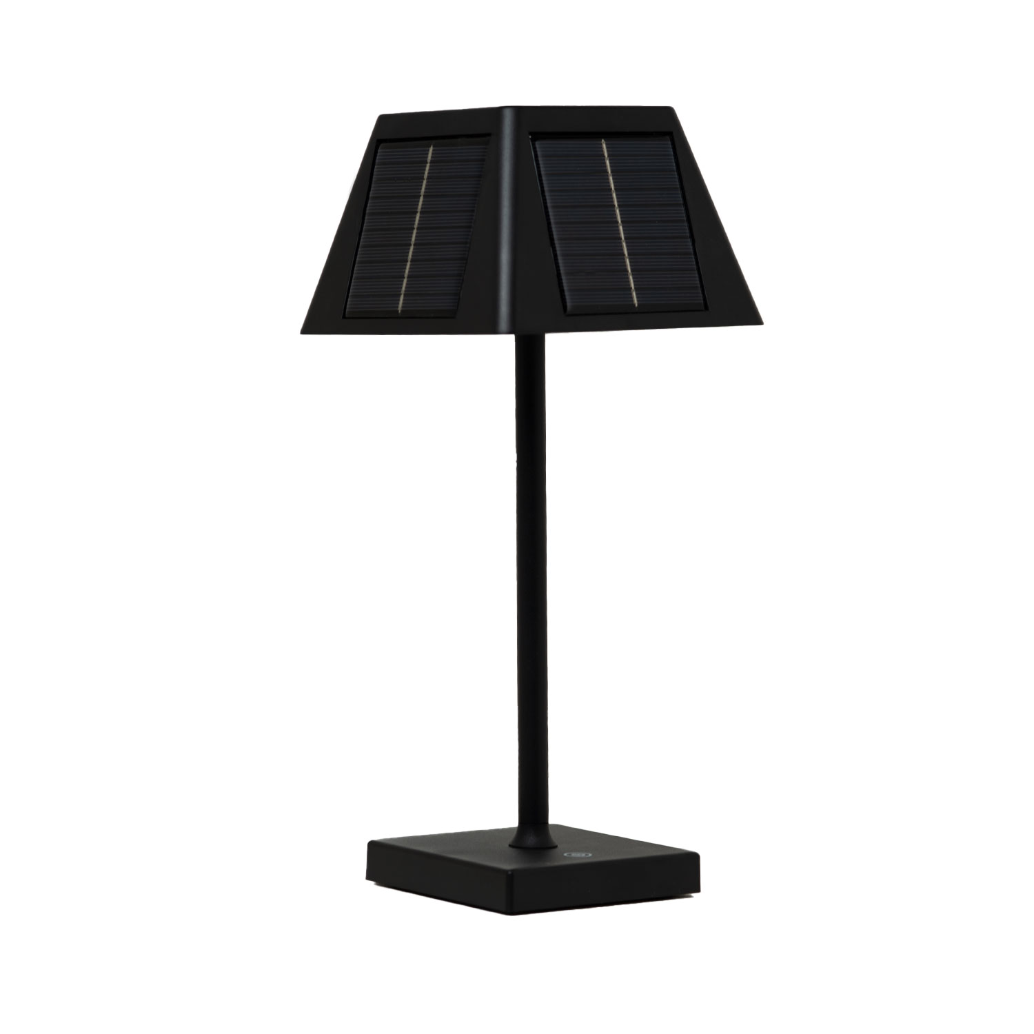 Lampada solare nera con base quadrata e palo sottile.