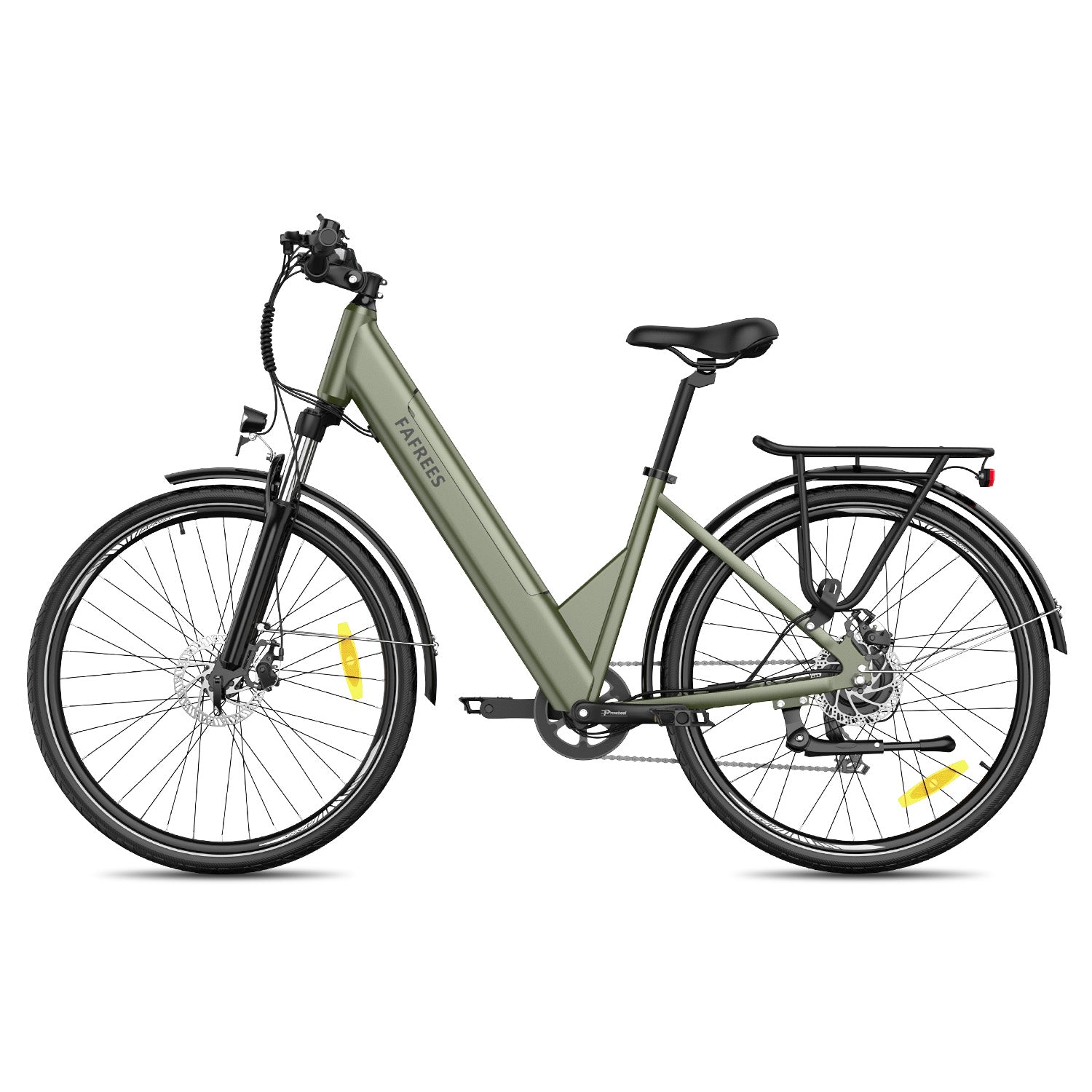 Ein olivgrünes E-Bike mit Gepäckträger und Scheinwerfer, auf weißem Hintergrund.