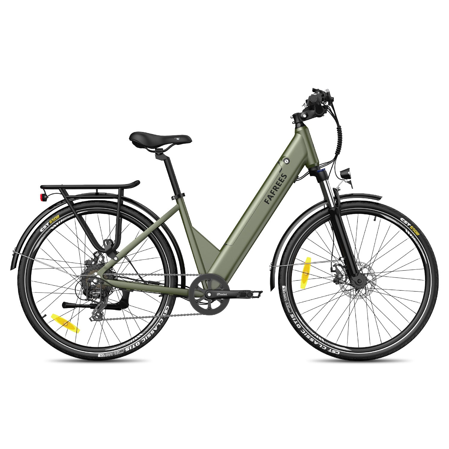 Ein olivgrünes E-Bike mit Gepäckträger, Schutzblechen und Scheinwerfer.