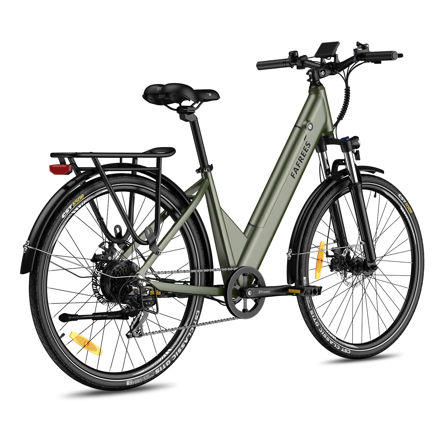 Grünes Fafrees E-Bike mit schwarzen Reifen, Sitz und Lenker auf weißem Hintergrund.
