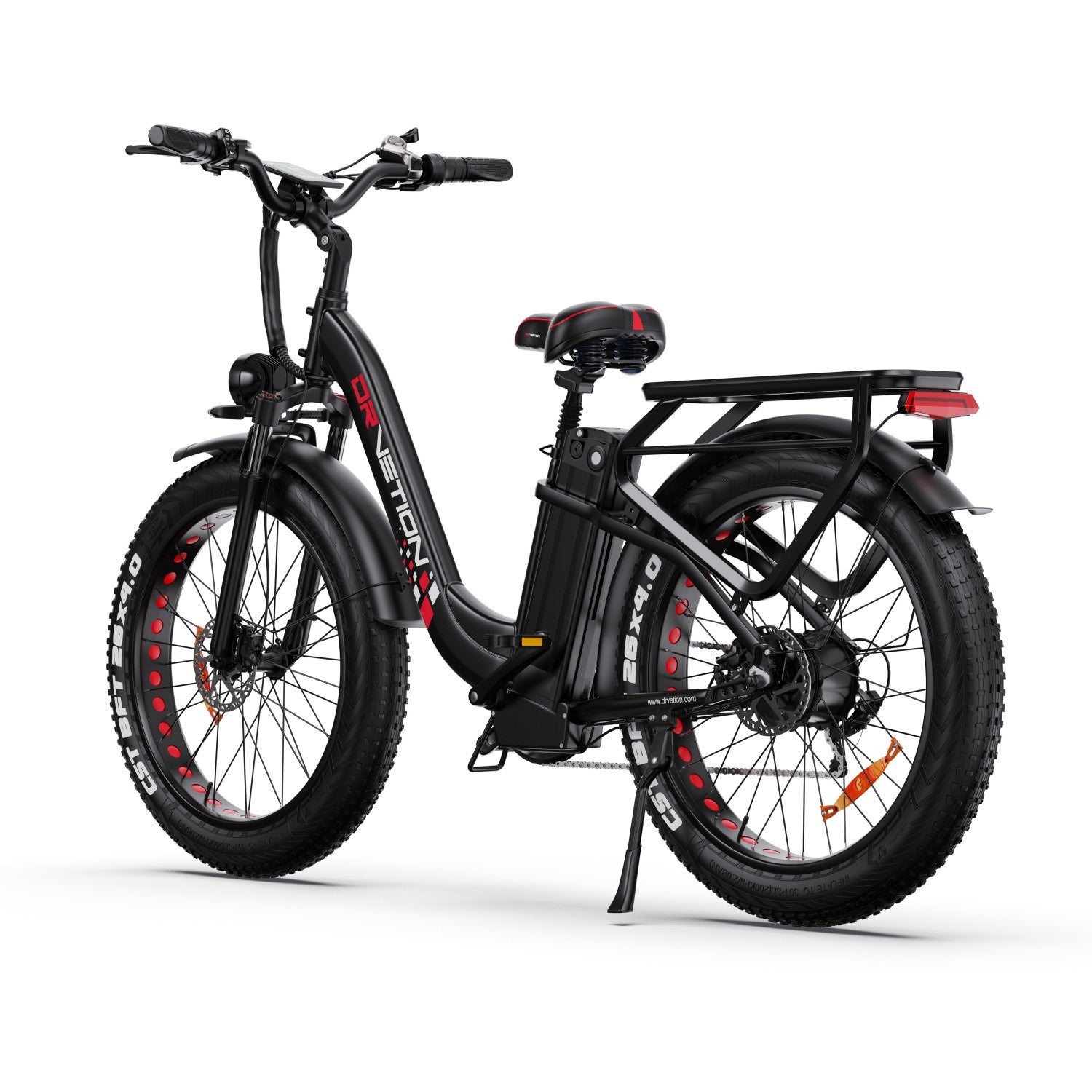 Schwarzes E-Bike mit dicken Reifen und roten Akzenten.