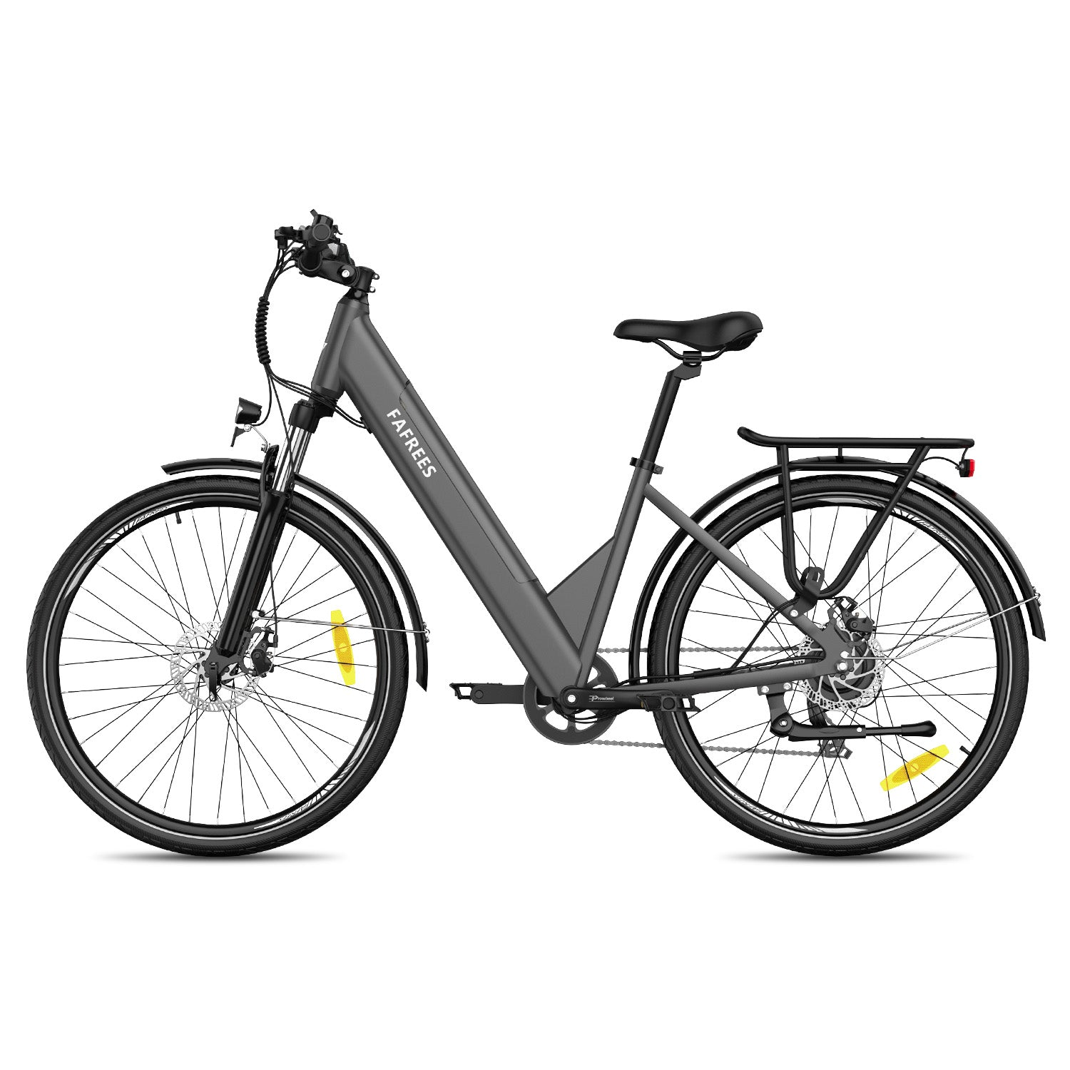 Graues E-Bike mit Gepäckträger und Reflektoren, Studioaufnahme.