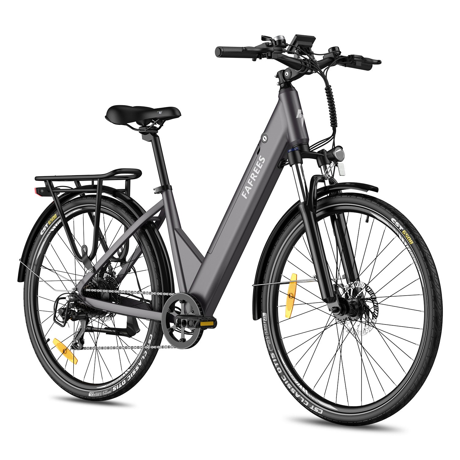 Graues Damen-Elektrofahrrad mit Gepäckträger und weißem Hintergrund.