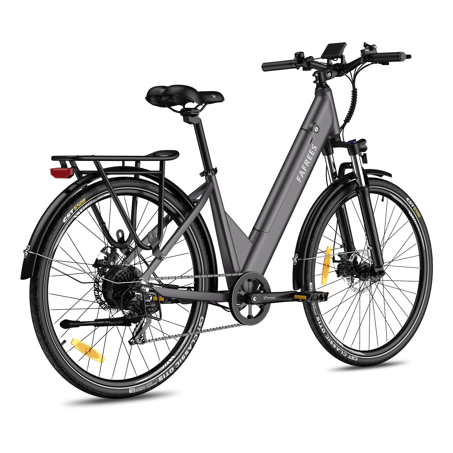 Graues E-Bike mit Gepäckträger, Vorder- und Hinterrad, Lenker und Sitz.