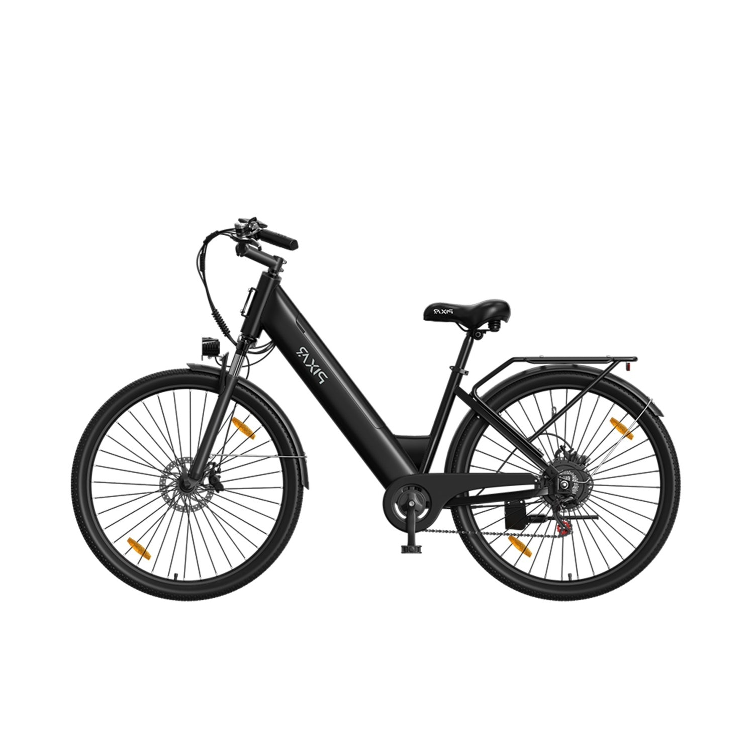 Schwarzes Elektrofahrrad mit Gepäckträger und weißem Hintergrund.