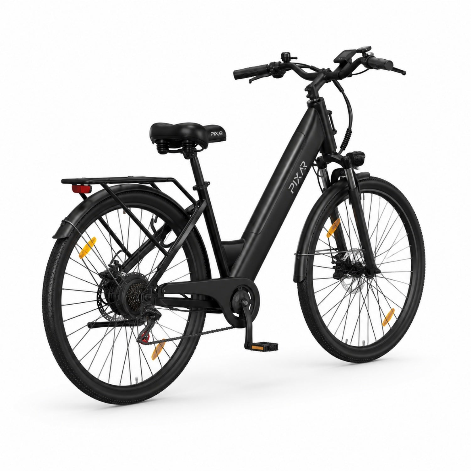 Schwarzes E-Bike mit Gepäckträger, Korb und Scheinwerfer.