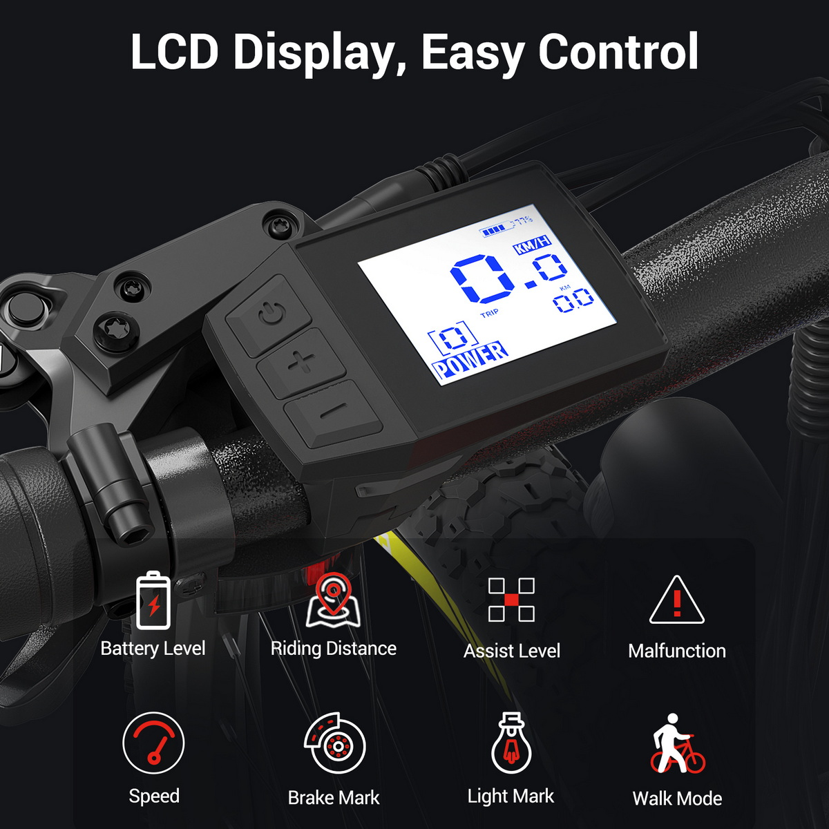 Wyświetlacz LCD z elementami sterującymi i ikonami baterii, dystansu, prędkości i więcej.