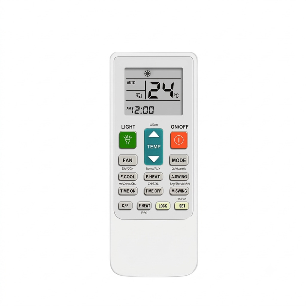 Un control remoto blanco de aire acondicionado con pantalla LCD que muestra 24°C y 12:00.