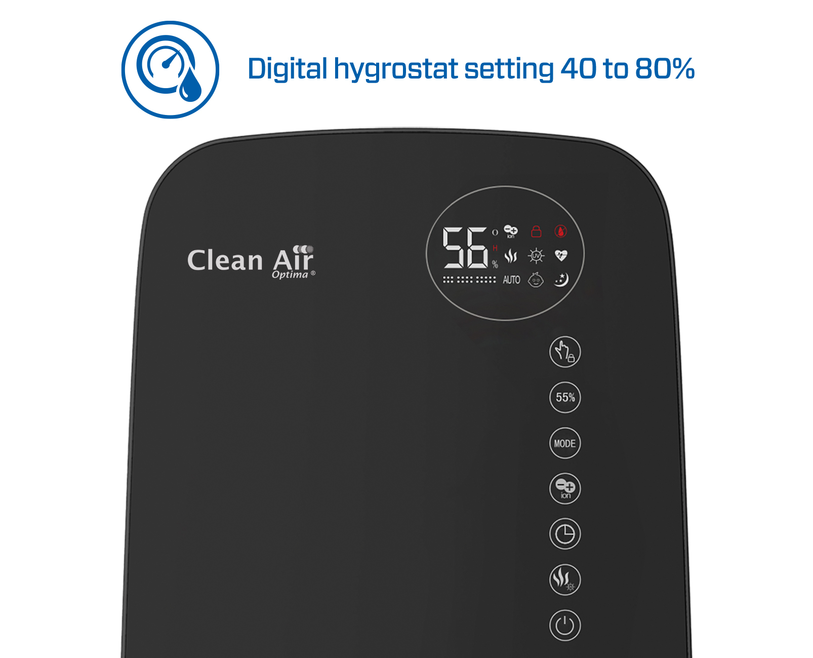 Digitale hygrostaatdisplay toont 56% luchtvochtigheid, met Clean Air Optima logo.