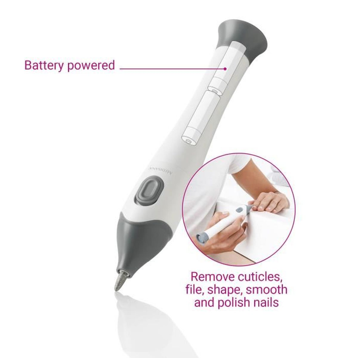 A white and grey nail care device with battery indicator and a close-up of its use.