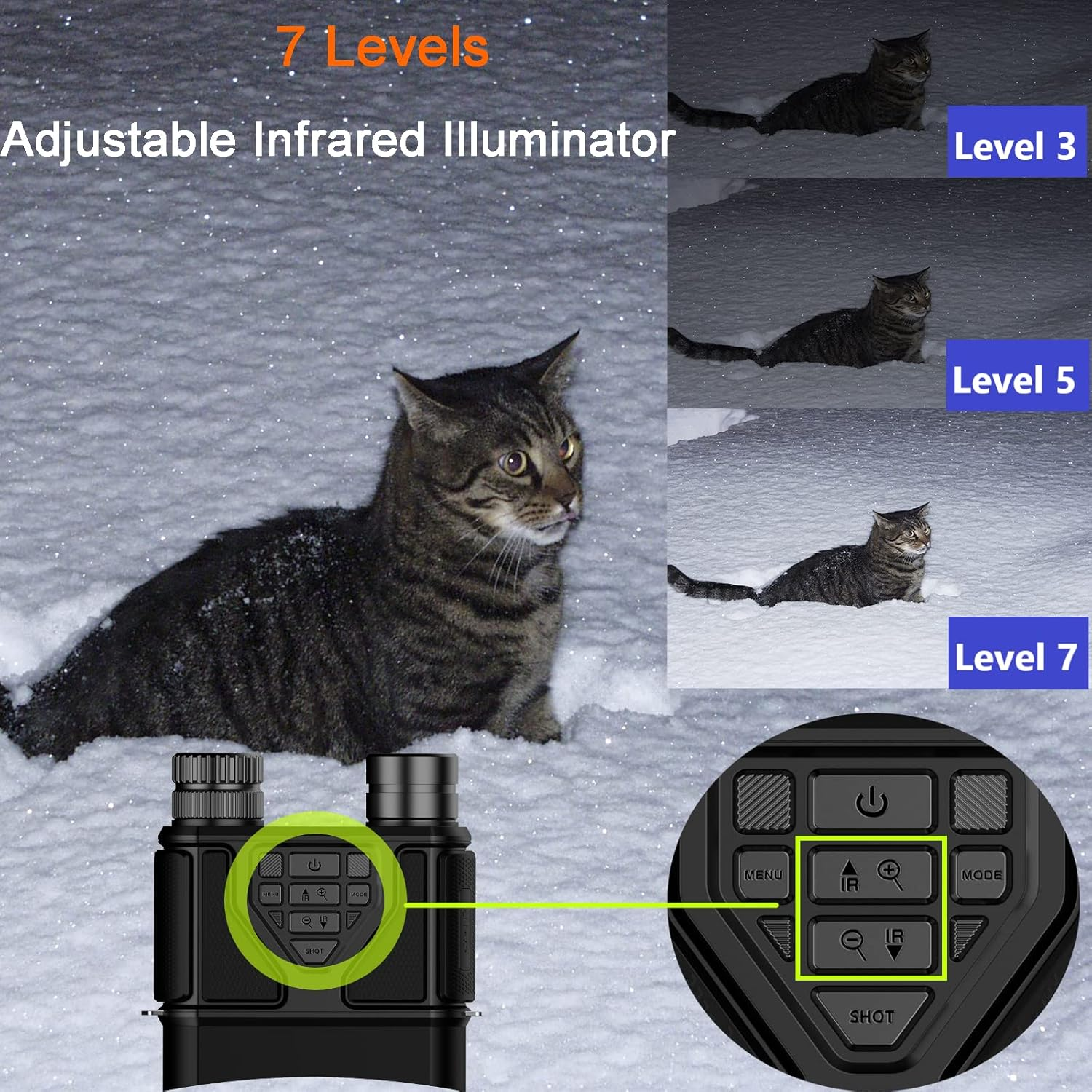 Ein Tabby-Katze im Schnee mit einem Nachtsichtgerät und verschiedenen IR-Beleuchtungsstufen.