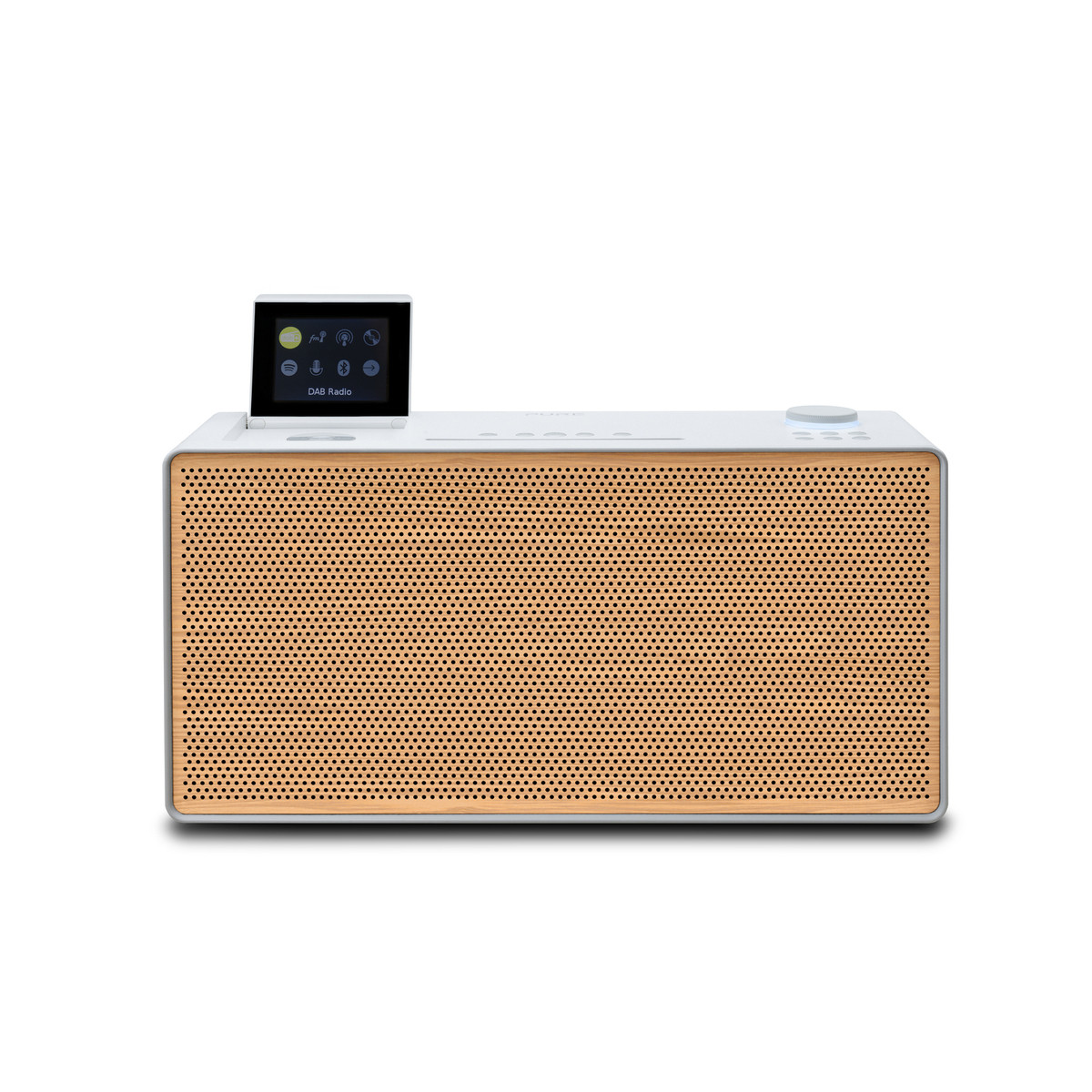 Ein weißer DAB-Radio mit Holzgitter und kleinem Bildschirm.