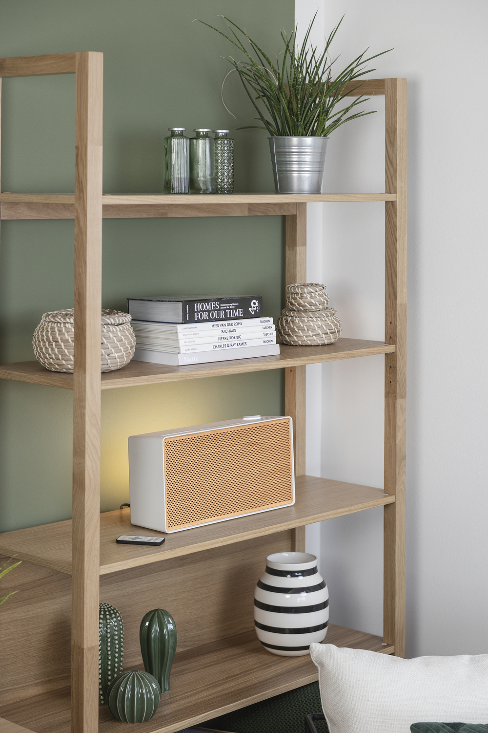 Holzregal mit Büchern, Pflanzen, Deko und Lautsprecher.