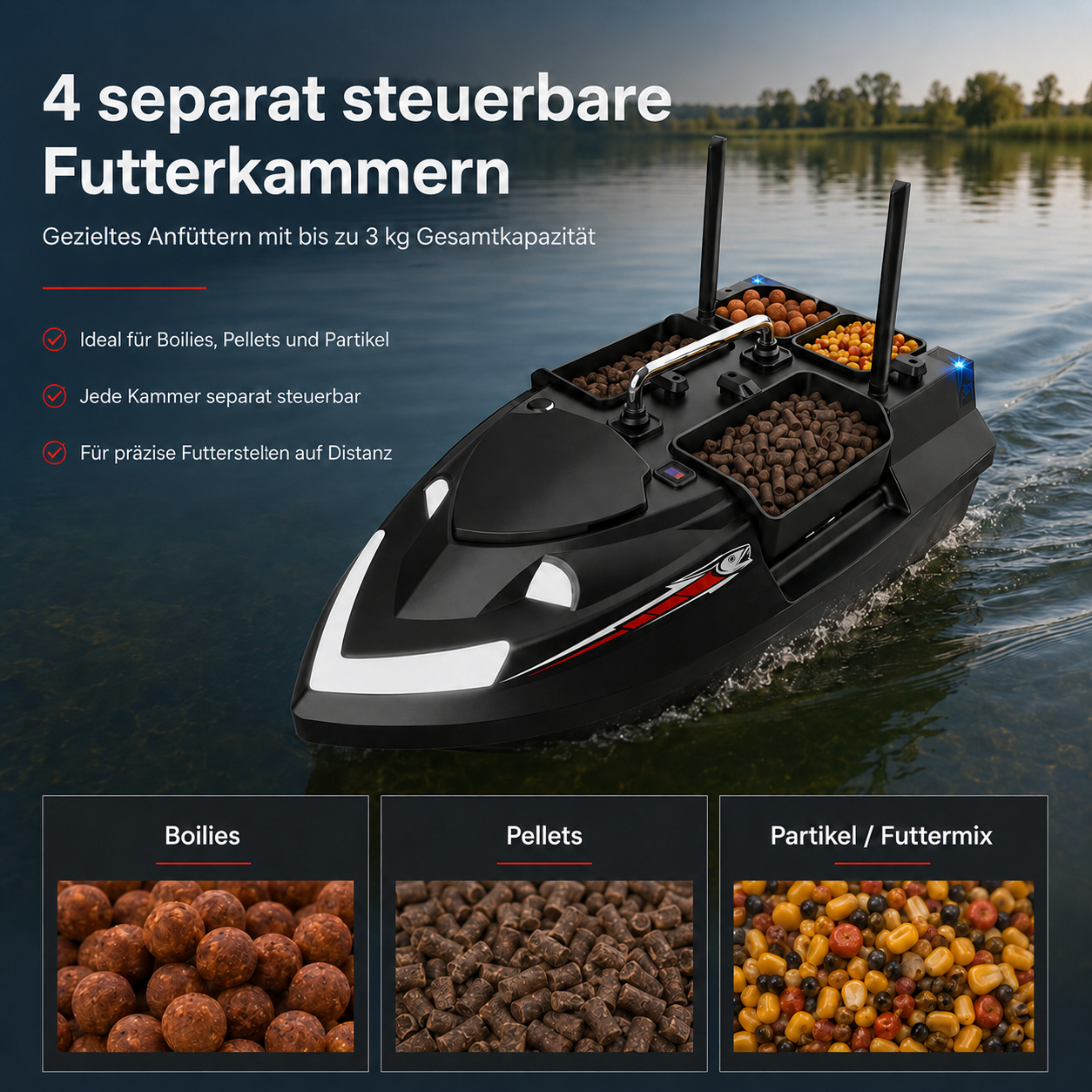 Schwarzes Angelboot mit vier Futterkammern auf dem Wasser.